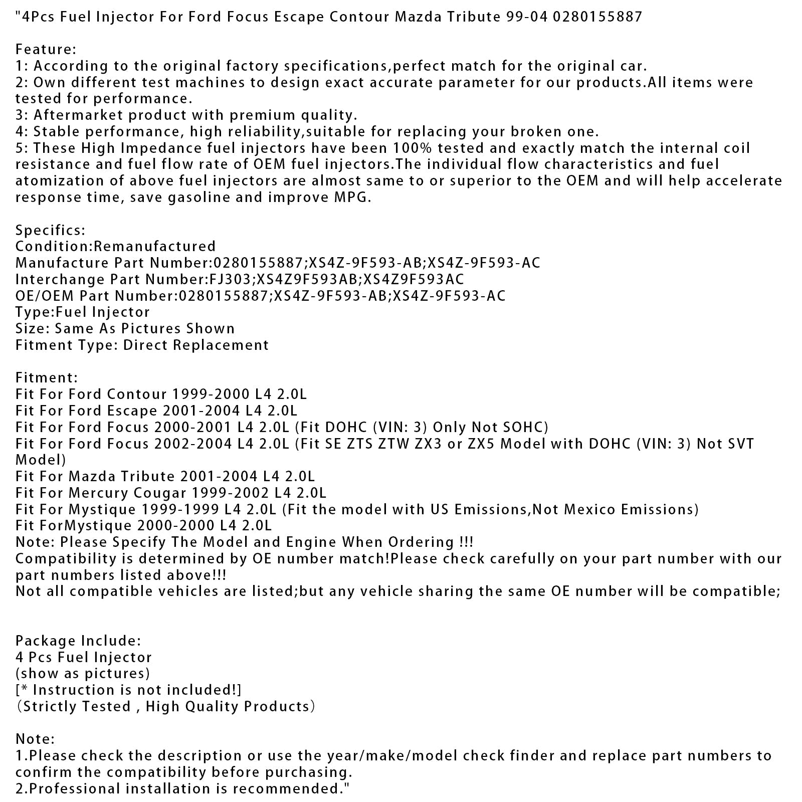 4Pcs Fuel Injector For Ford Focus Escape Contour Mazda Tribute 99-04 0280155887