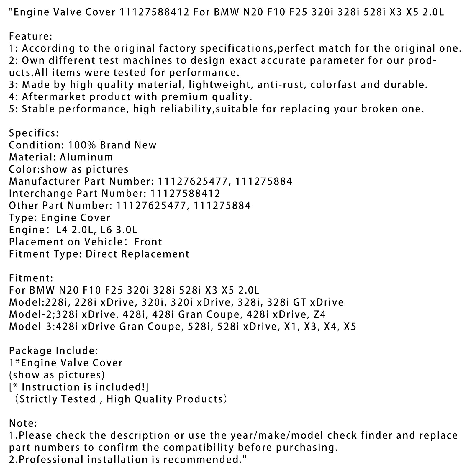 BMW N20 F10 F25 320i 328i 528i X3 X5 2.0L 엔진 밸브 커버 11127588412