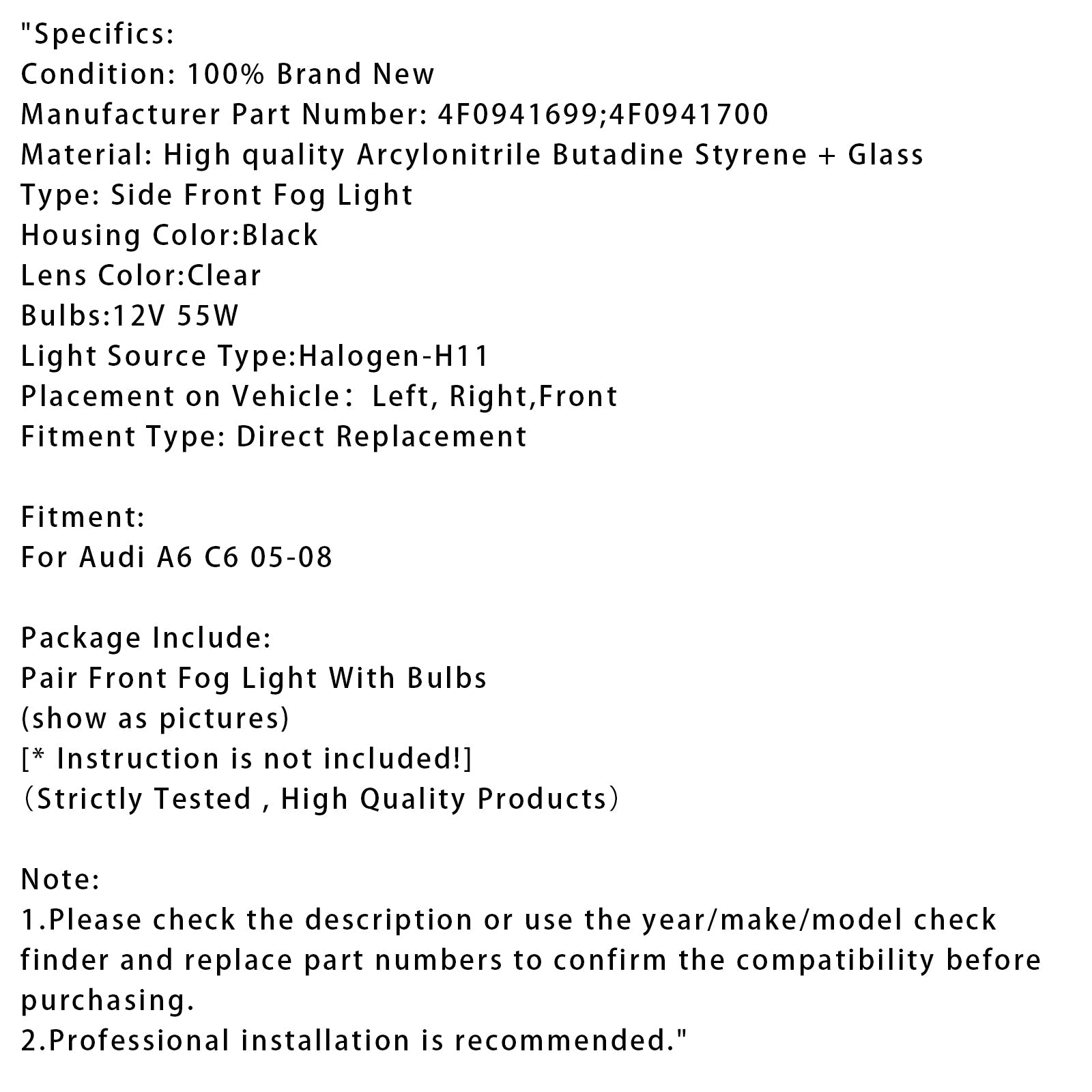 2005 2006 2007 2008 아우디 A6 C6 페어 프론트 범퍼 주행 안개등
