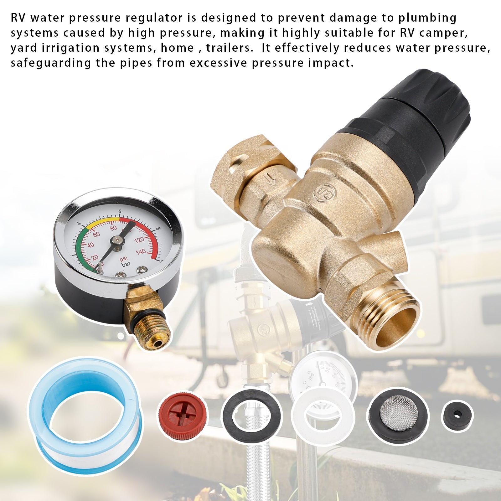 RV Water Pressure Regulator For RV Camper. Brass Lead-Free Adjustable