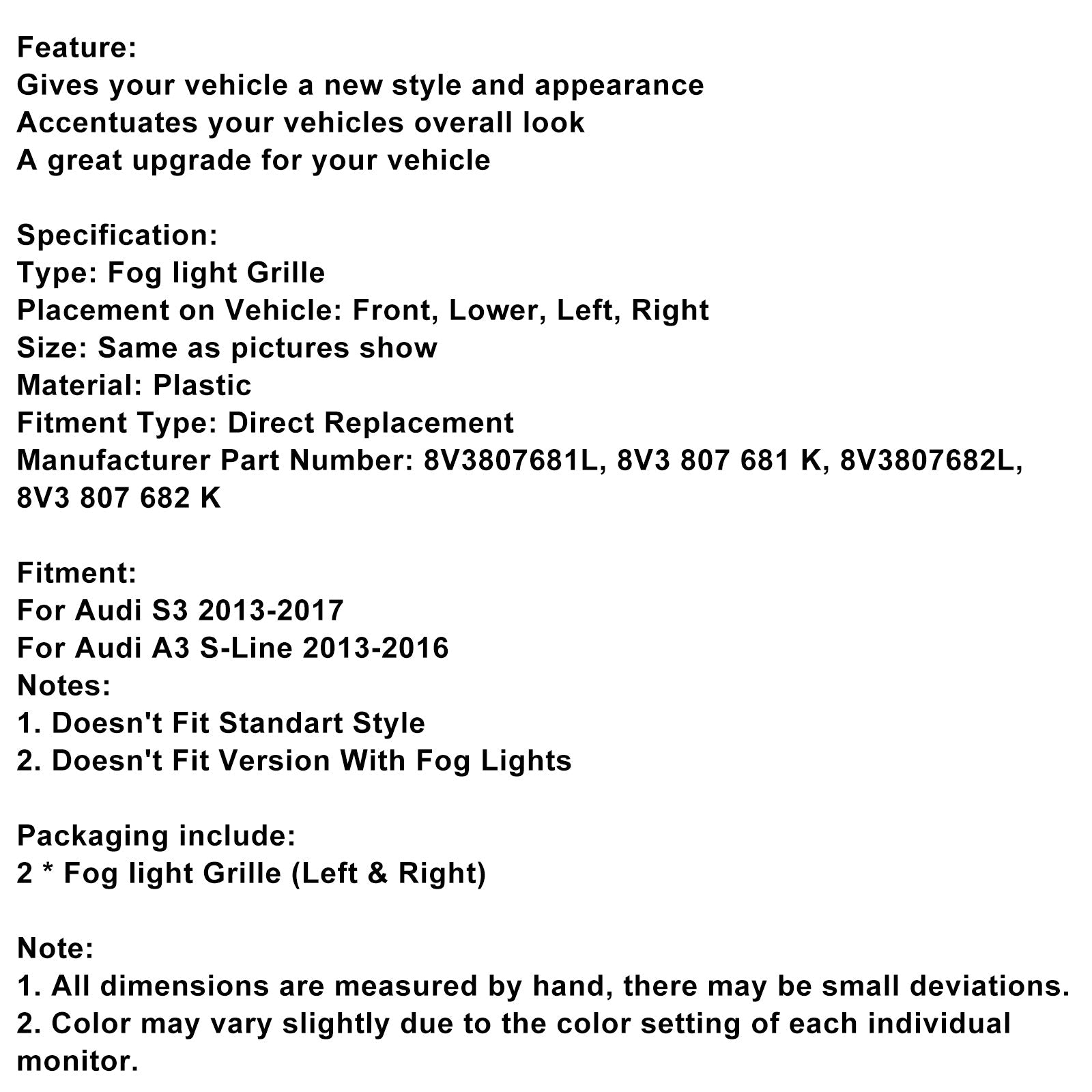 2013-2016 AUDI A3 S3 S-Line Front Lower Fog Light Cover Grille Grill