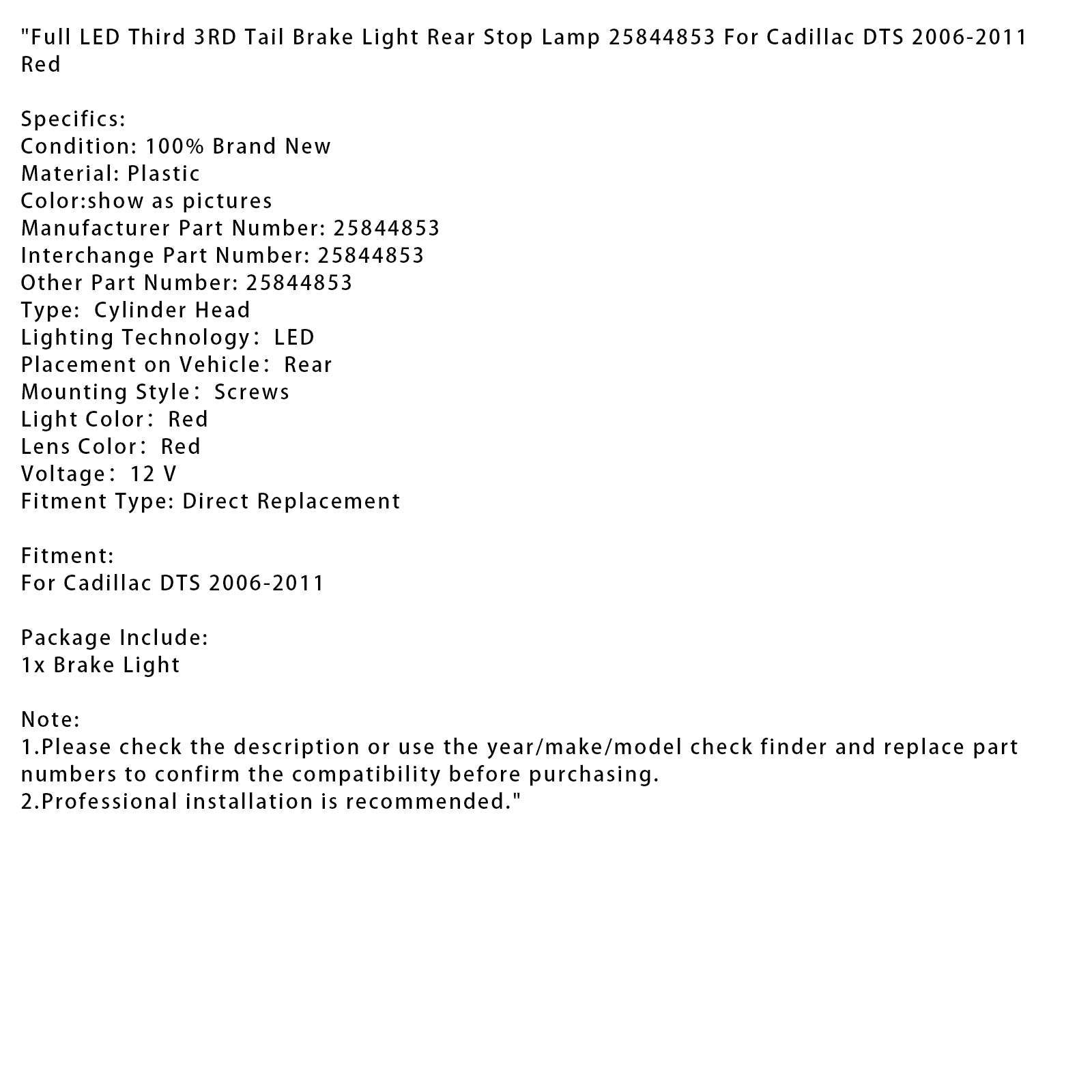 2006-2011 Cadillac DTS Full LED Third 3RD Tail Brake Light Rear Stop Lamp Red 25844853