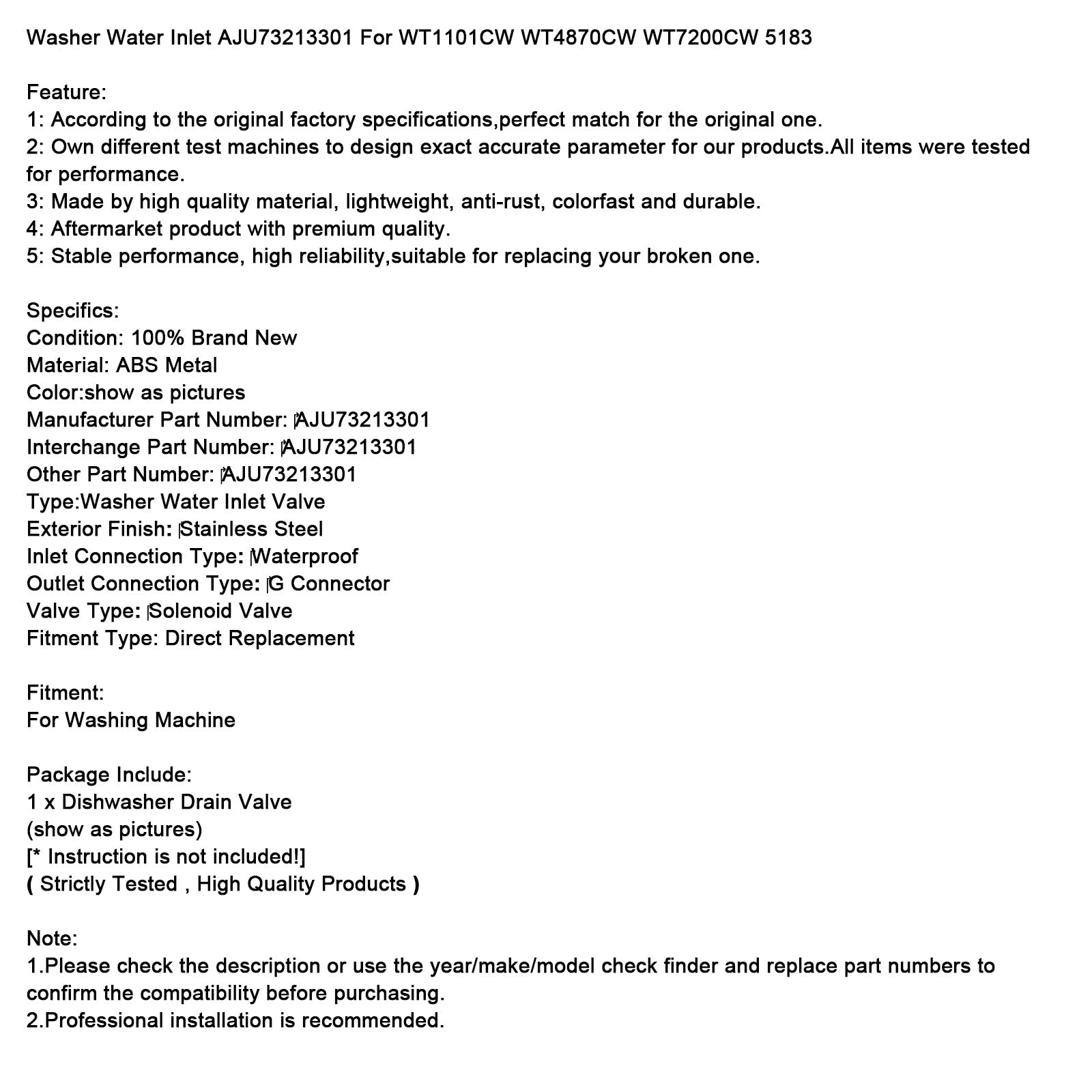 Washer Water Inlet AJU73213301 For WT1101CW WT4870CW WT7200CW 5183