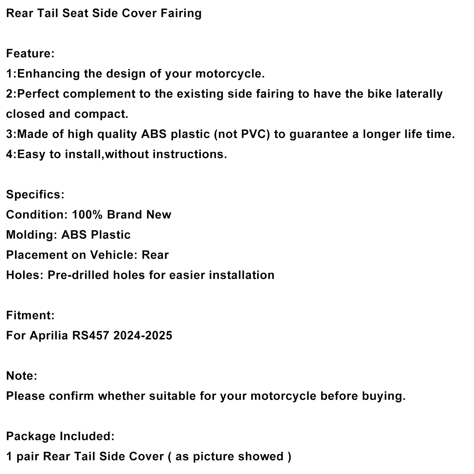 2024-2025 Aprilia RS457 RS 457 Rear Tail Seat Side Cover Fairing