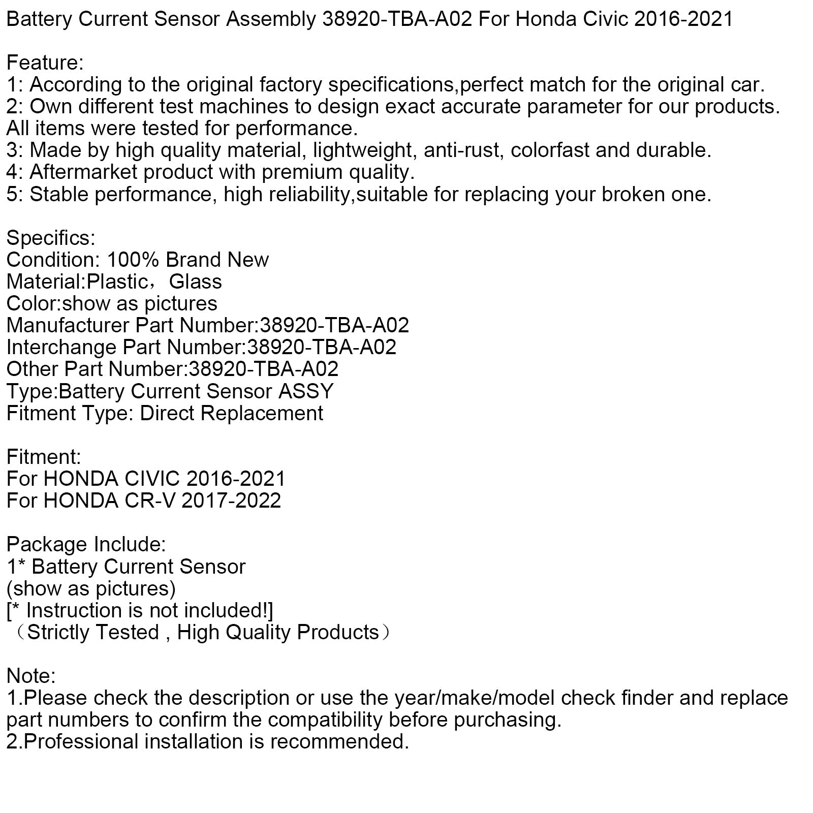 Battery Current Sensor Assembly 38920-TBA-A02 For Honda Civic 2016-2021