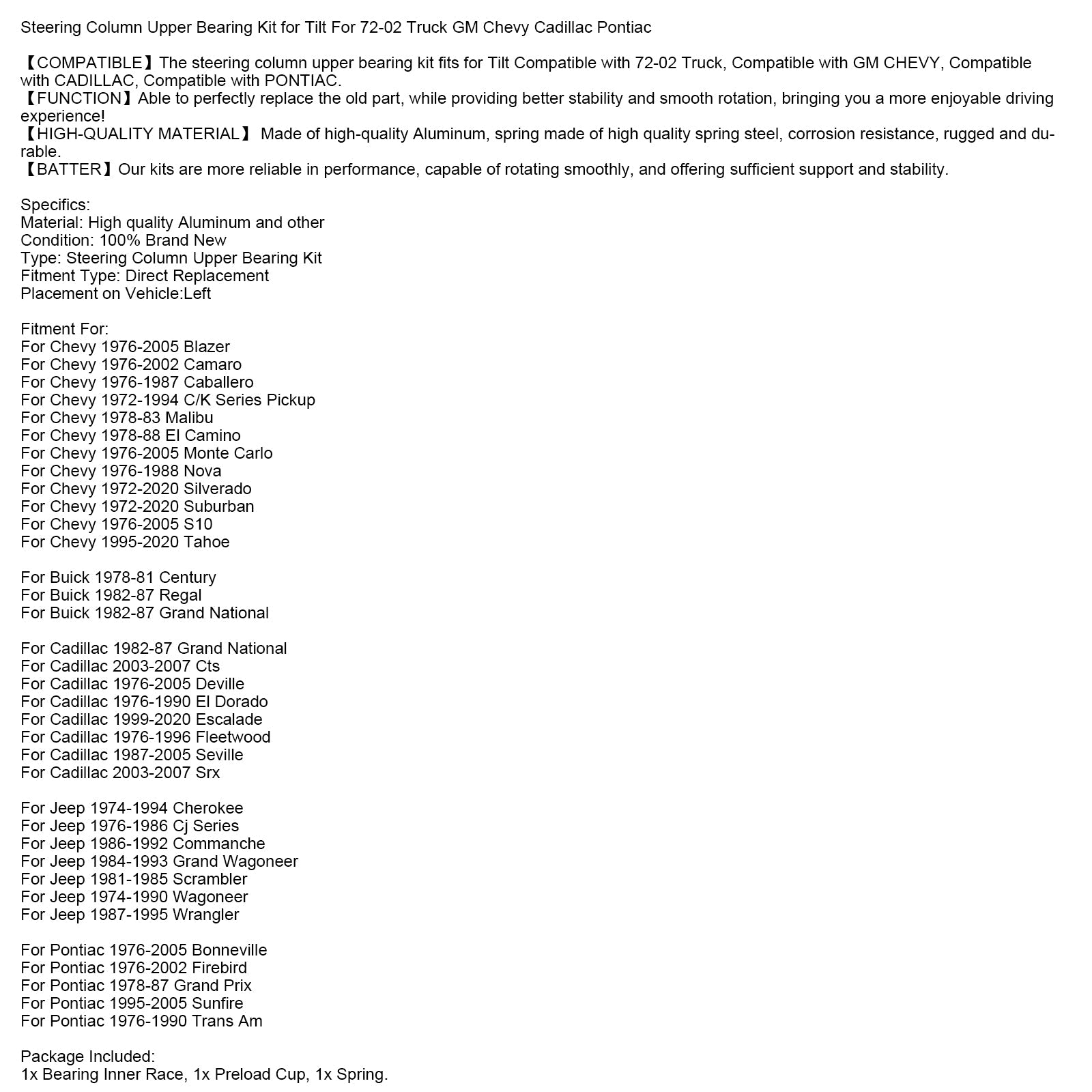 Steering Column Upper Bearing Kit for Tilt For 72-02 Truck GM Chevy Cadillac Pontiac