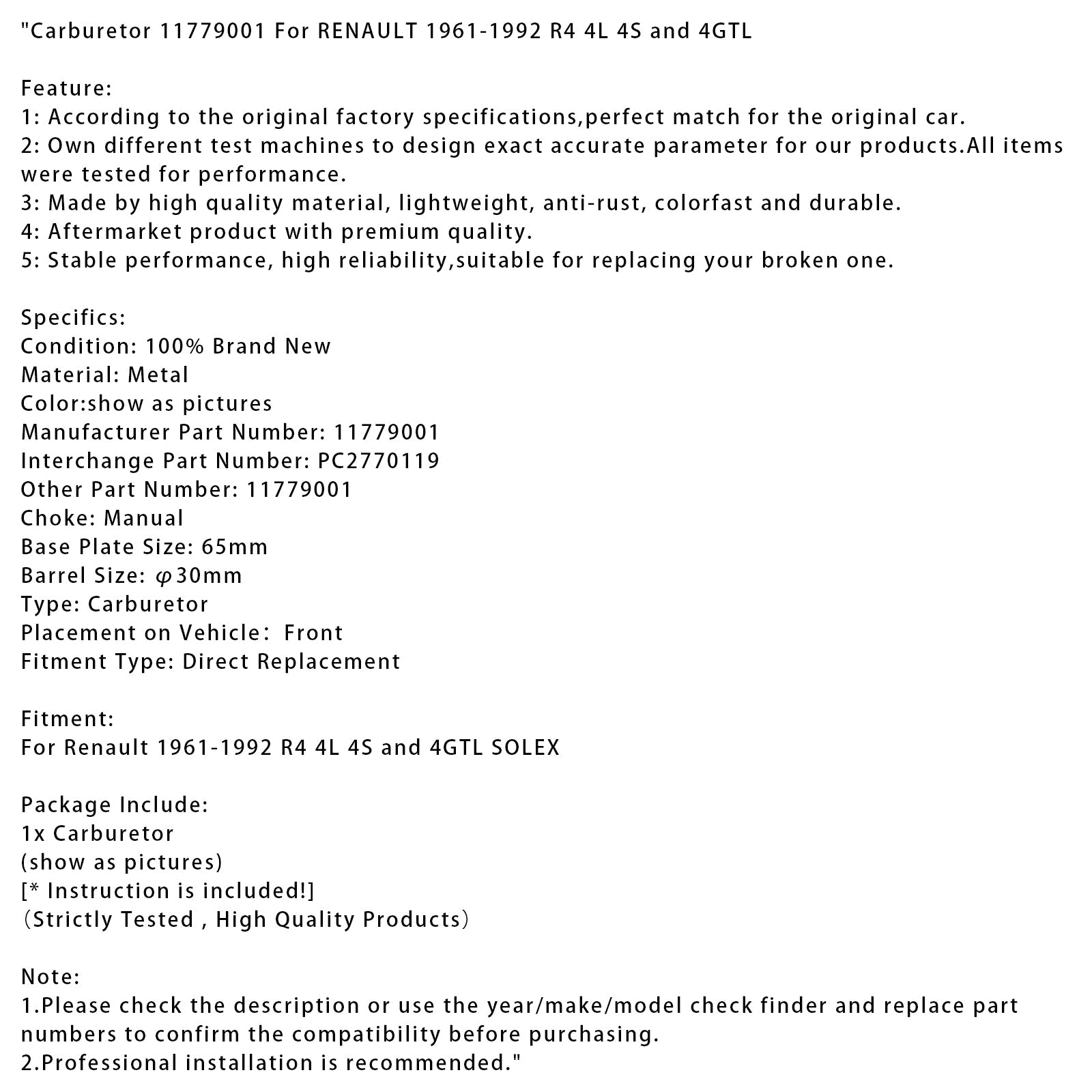 1961-1992 RENAULT R4 4L 4S and 4GTLCarburetor 11779001