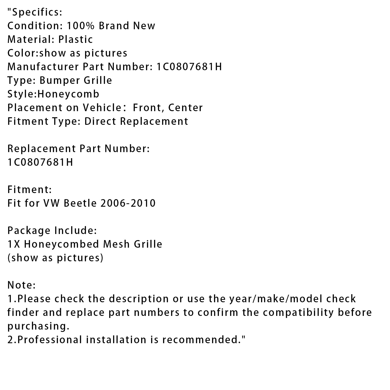 2006-2010 VW Beetle Front Lower Bumper Center Honeycombed Mesh Grille