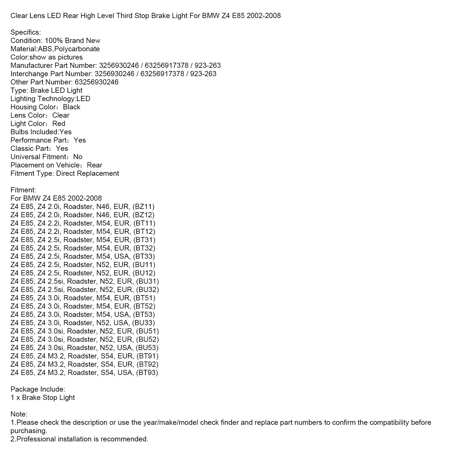 Clear Lens LED Rear High Level Third Stop Brake Light For BMW Z4 E85 2002-2008
