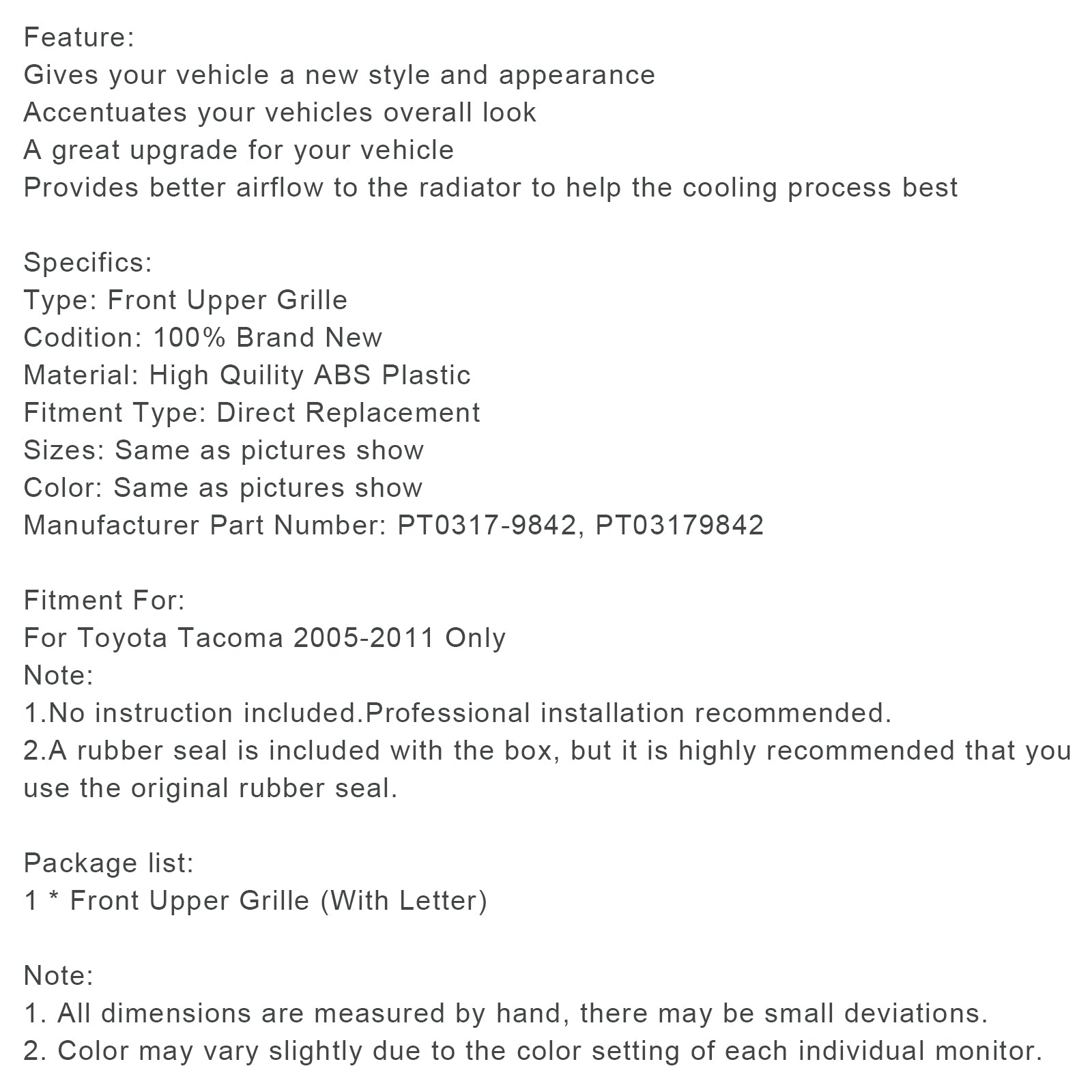 2005-2011 Toyota Tacoma W/LED Matte Black Front Bumper Grille Grill