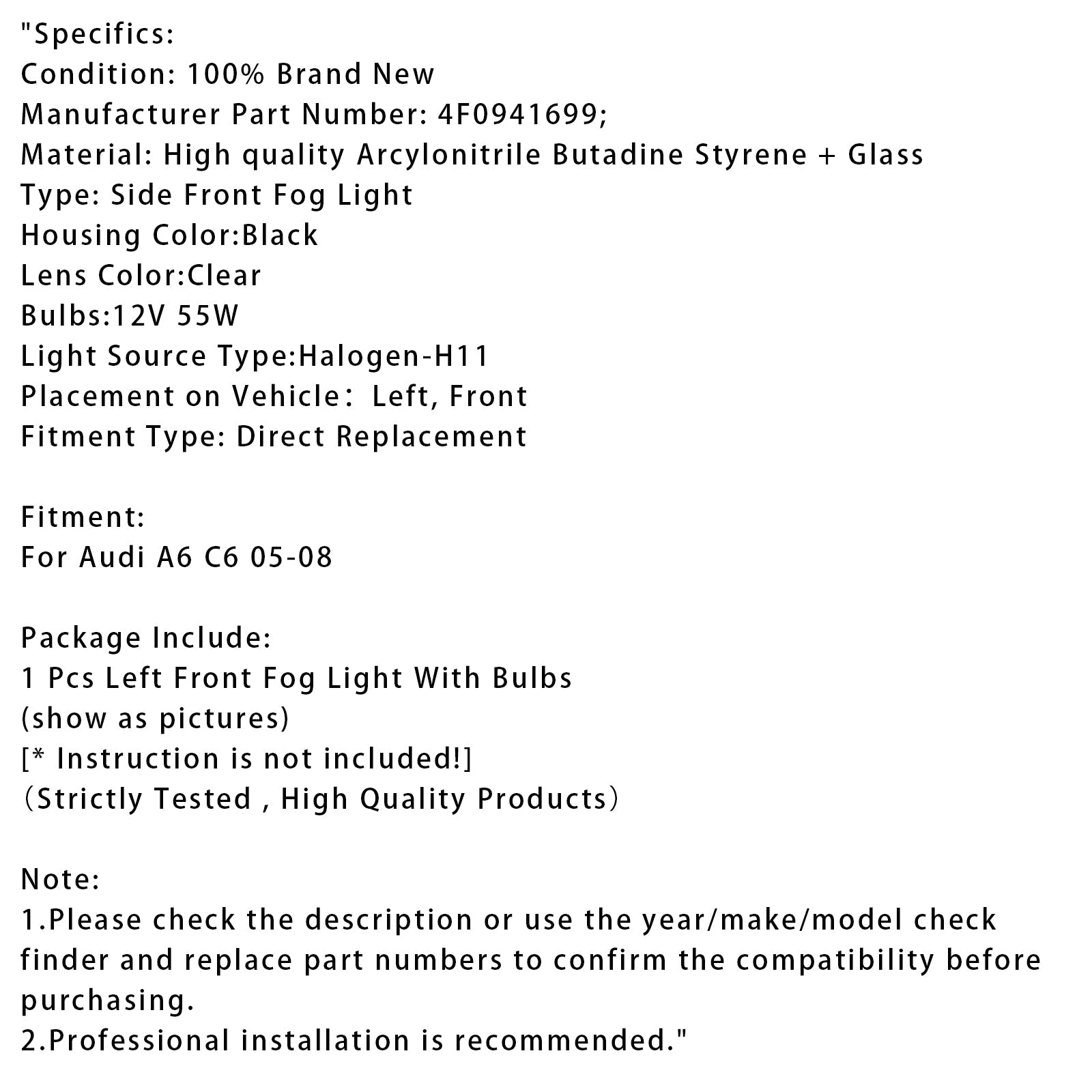 2005 2006 2007 2008 아우디 A6 C6 1개 왼쪽 앞 범퍼 안개등