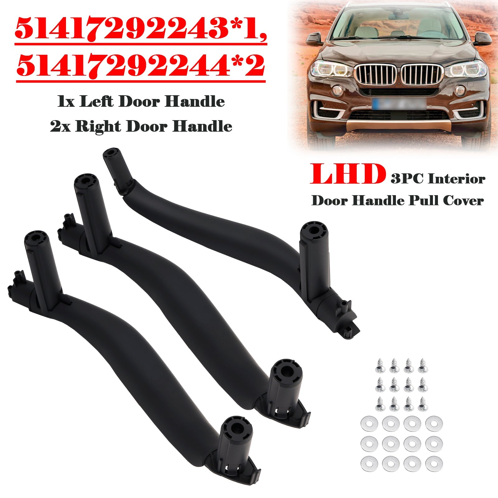 LHD 3PC Interior Door Handle Pull Cover For BMW X5 F15 X6 F16 2014-2018