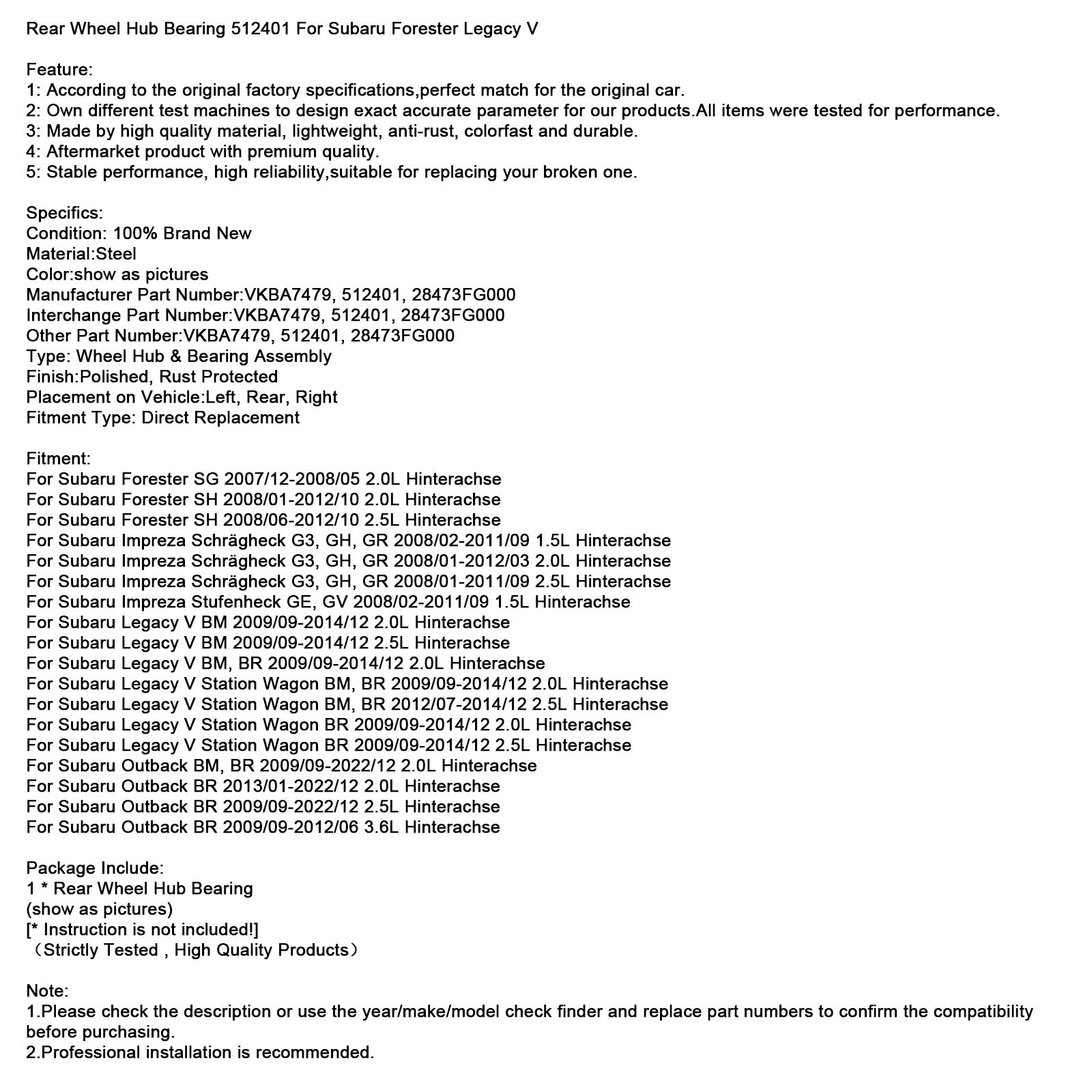 2008/02-2011/09 Subaru Impreza Stufenheck GE, GV 1.5L Hinterachse Rear Wheel Hub Bearing 512401
