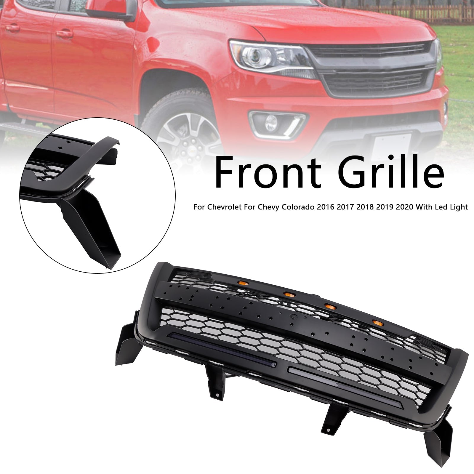 Matte Black Front Bumper Grille Grill Fit Chevy Colorado 2016-2020 W//LED