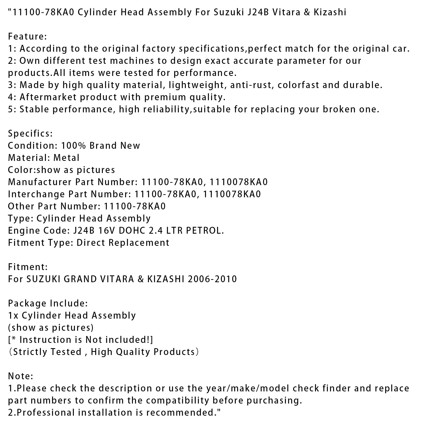 11100-78KA0 Cylinder Head Assembly For Suzuki J24B Vitara & Kizashi