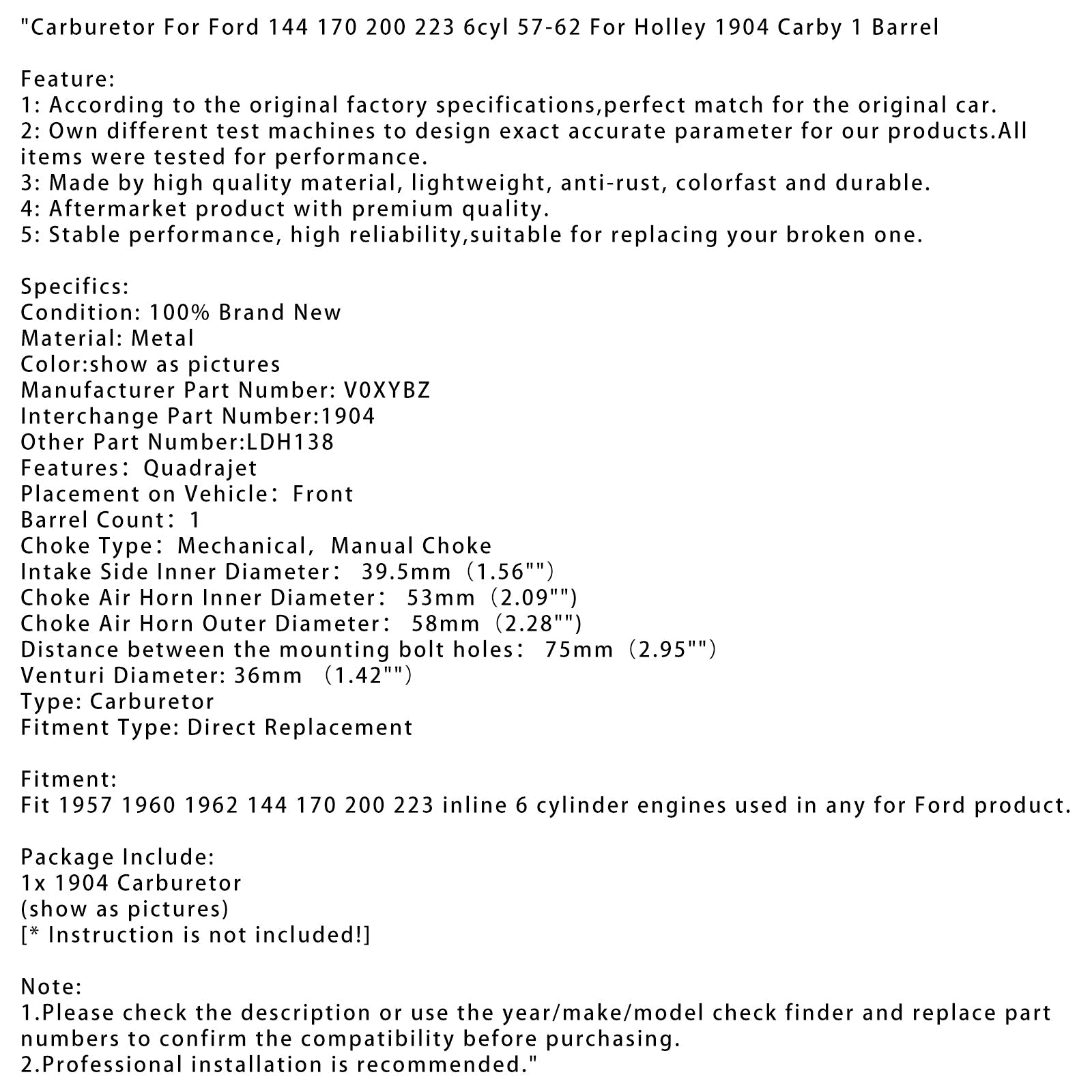 Carburetor For Ford 144 170 200 223 6cyl 57-62 For Holley 1904 Carby 1Barrel AUS