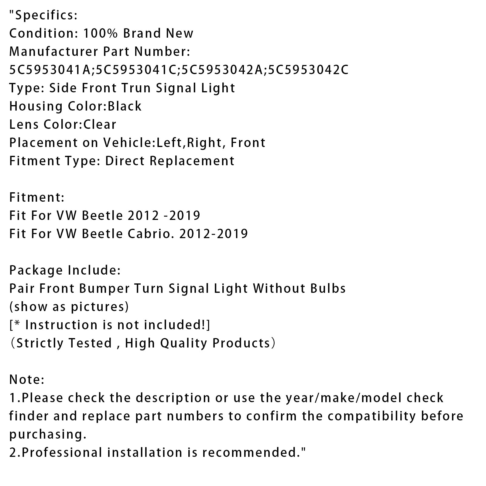 2012-2019 VW Beetle Pair Front Bumper Turn Signal Light Without Bulbs 5C5953041A