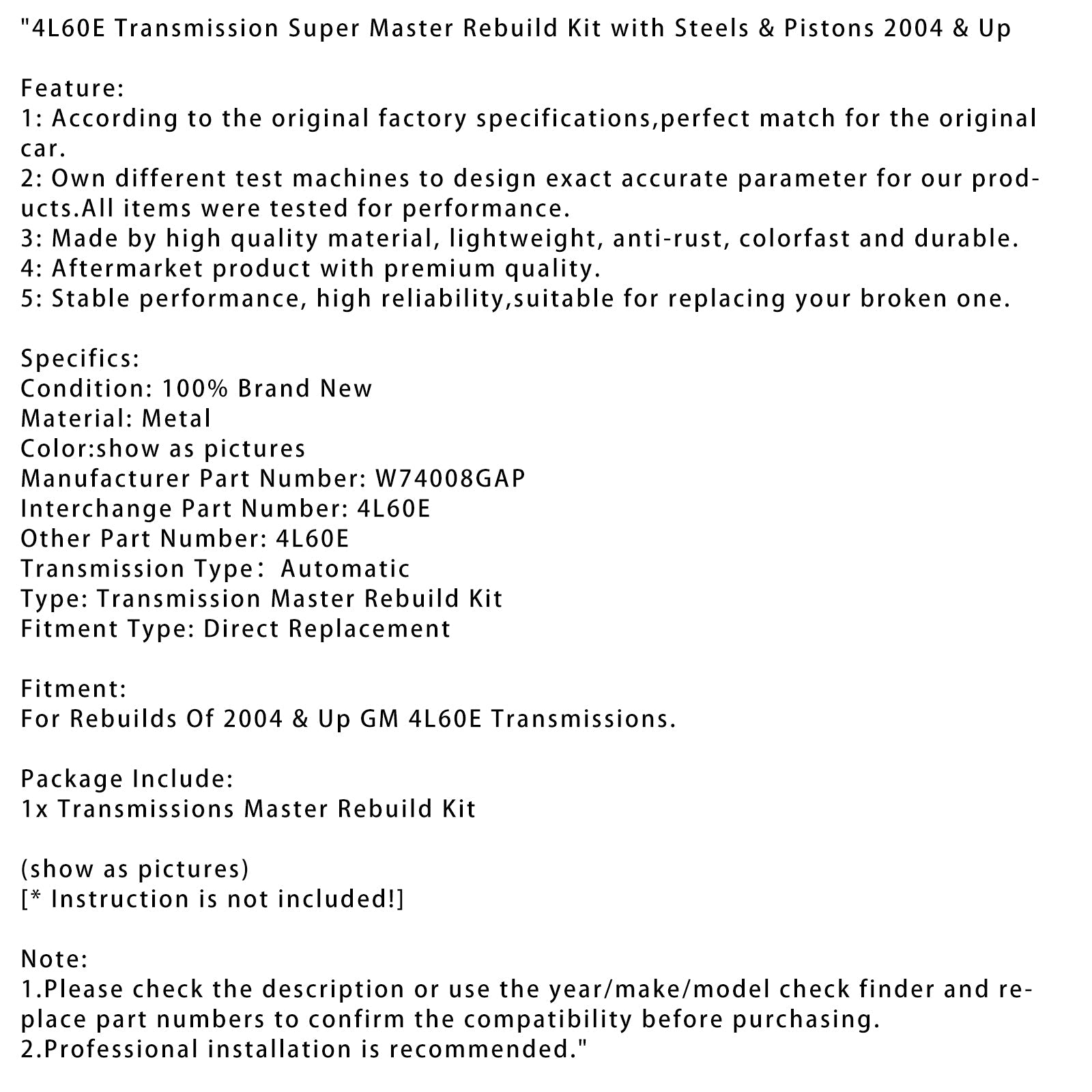 4L60E Transmission Super Master Rebuild Kit with Steels & Pistons 2004 & Up