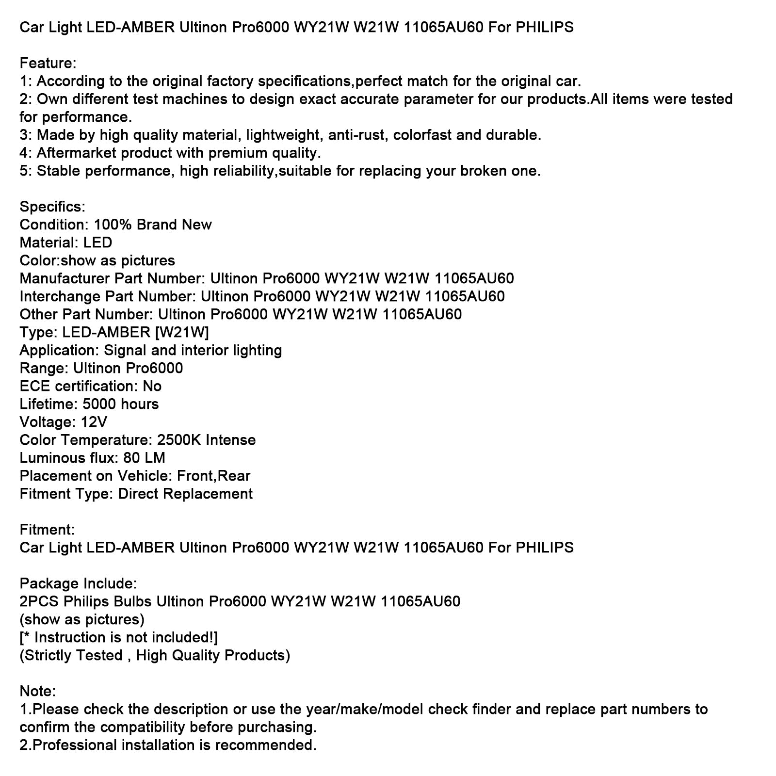 Car Light LED-AMBER Ultinon Pro6000 WY21W W21W 11065AU60 For PHILIPS
