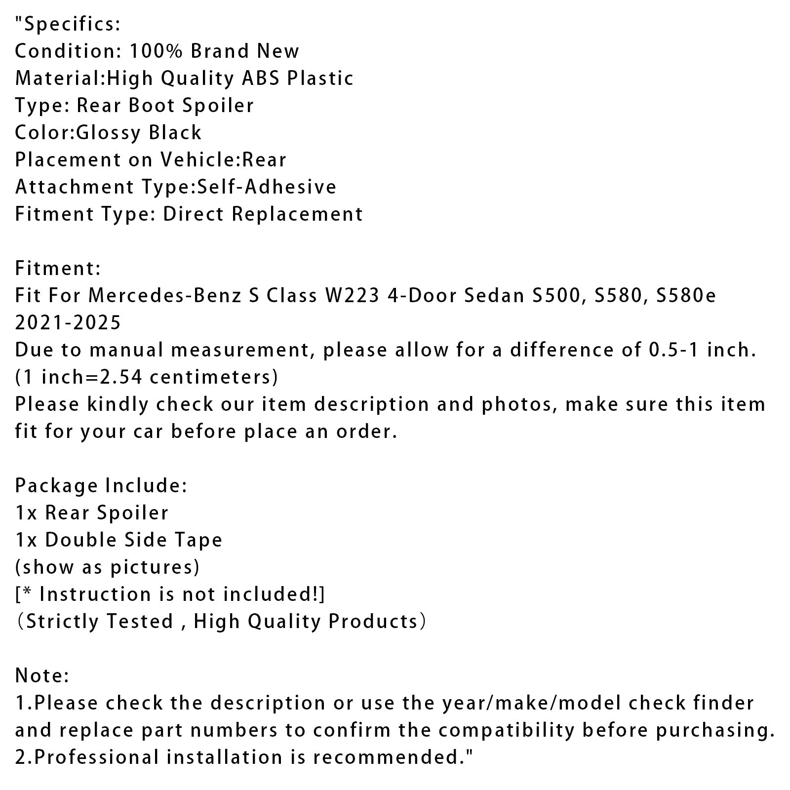 2021-2025 Mercedes-Benz S-Class W223 Gloss Black Rear Boot Spoiler