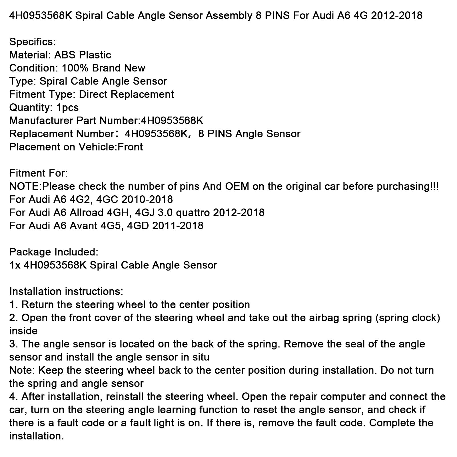 4H0953568K Spiral Cable Angle Sensor Assembly 8 PINS For Audi A6 4G 2012-2018