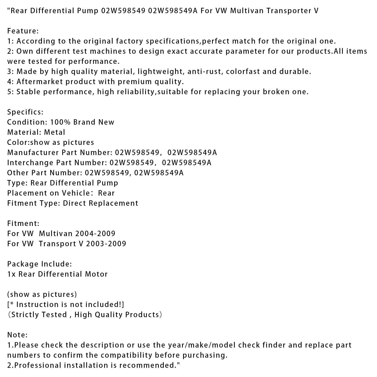 2004-2009 VW Multivan Rear Differential Pump 02W598549 02W598549A