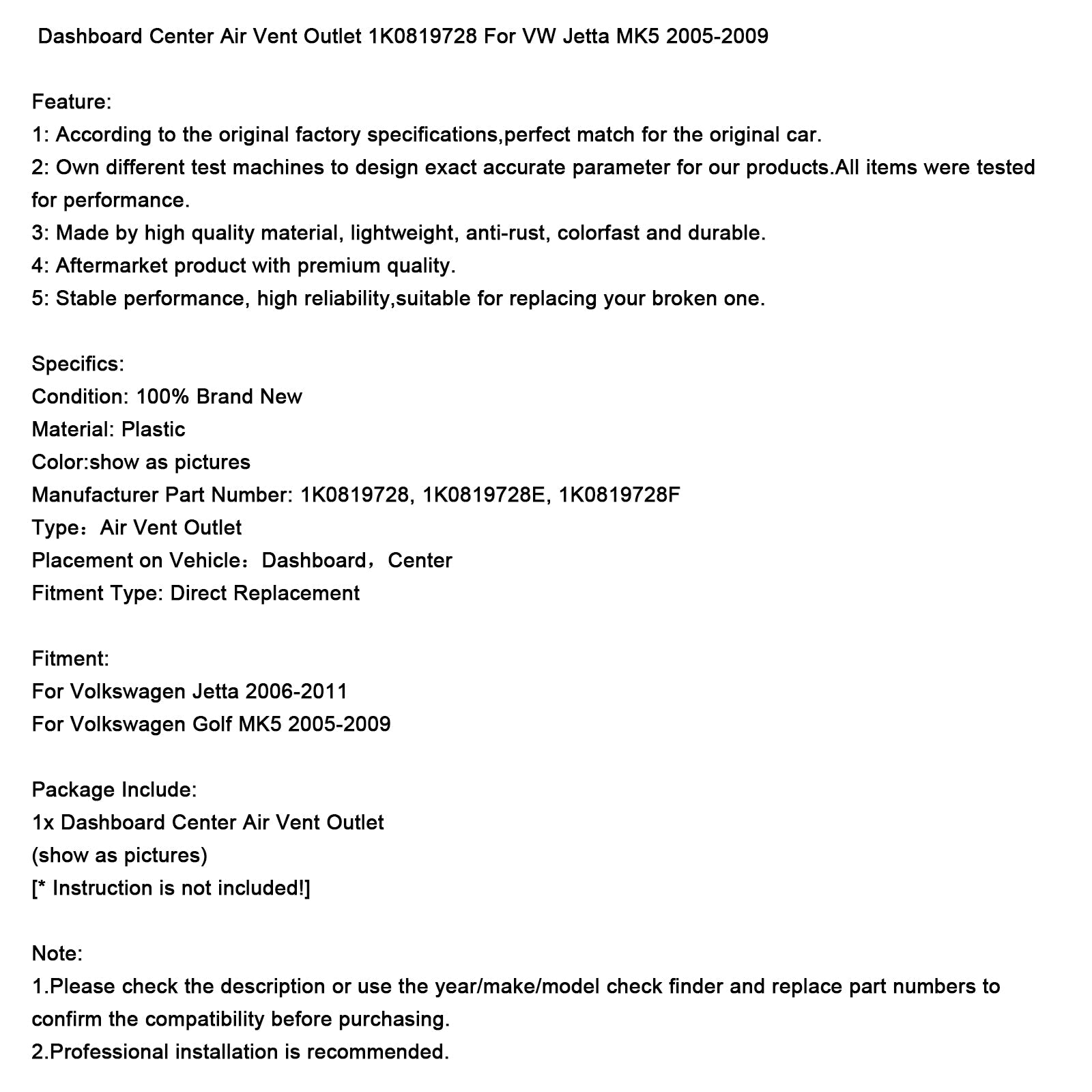 Dashboard Center Air Vent Outlet 1K0819728 For VW Jetta MK5 2005-2009