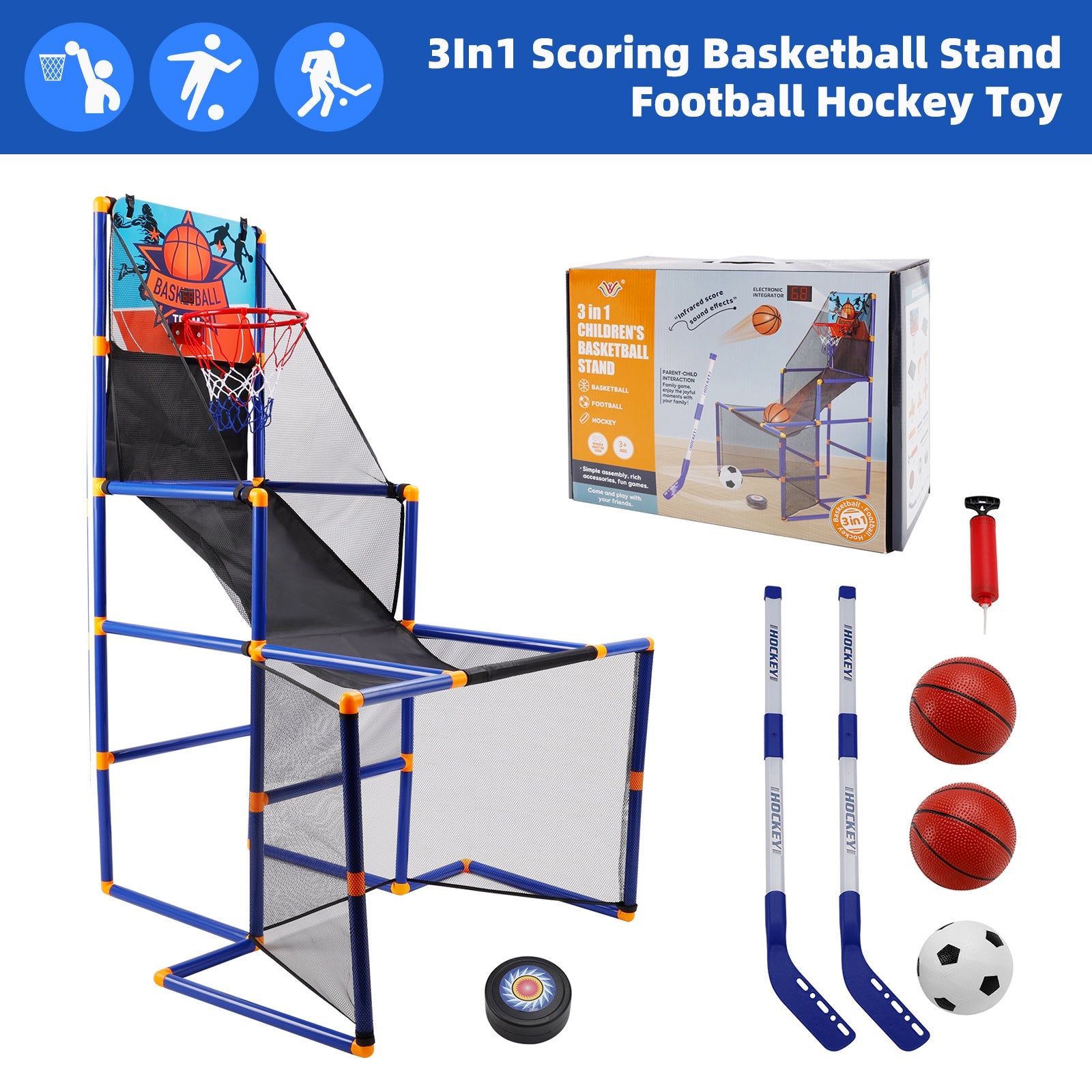 3In1 Scoring Basketball Stand Football Hockey Toy Gift Set For 3+ Years Kids
