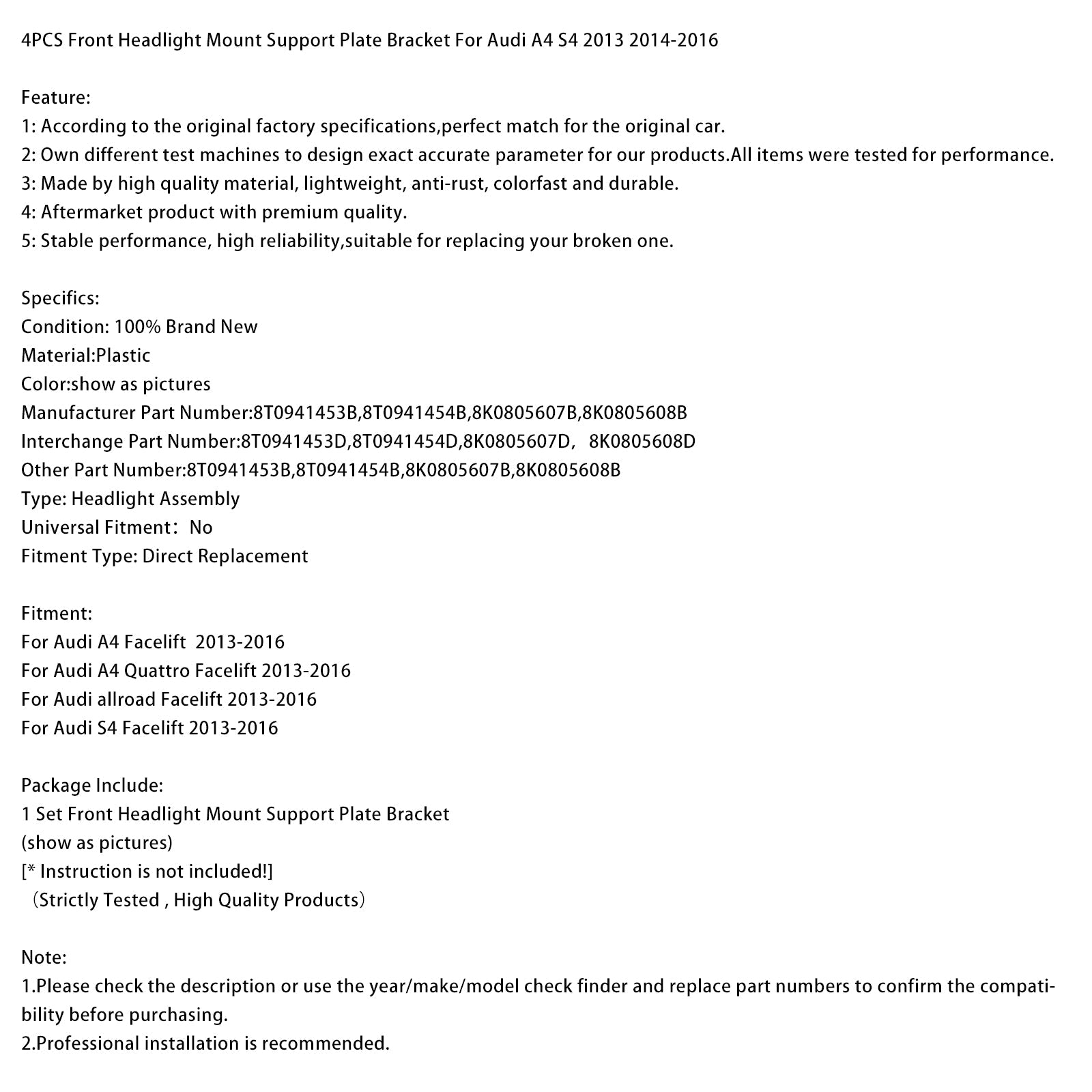 2013-2016 Audi A4 Facelift 4PCS Front Headlight Mount Support Plate Bracket