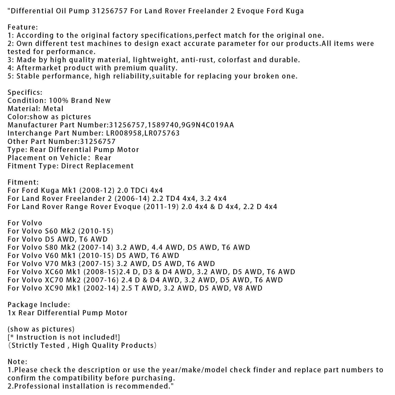 2006-2014 Land Rover Freelander 2 2.2 TD4 4x4, 3.2 4x4 Differential Oil Pump 31256757