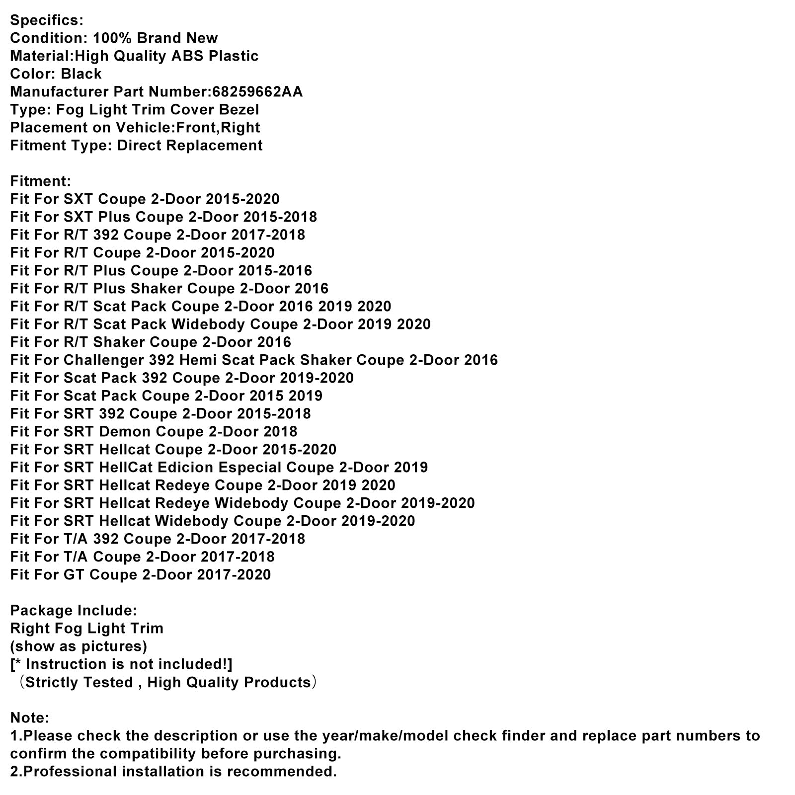 Right Front Fog Light Trim For Dodge Challenger 2015-2021 68259662AA