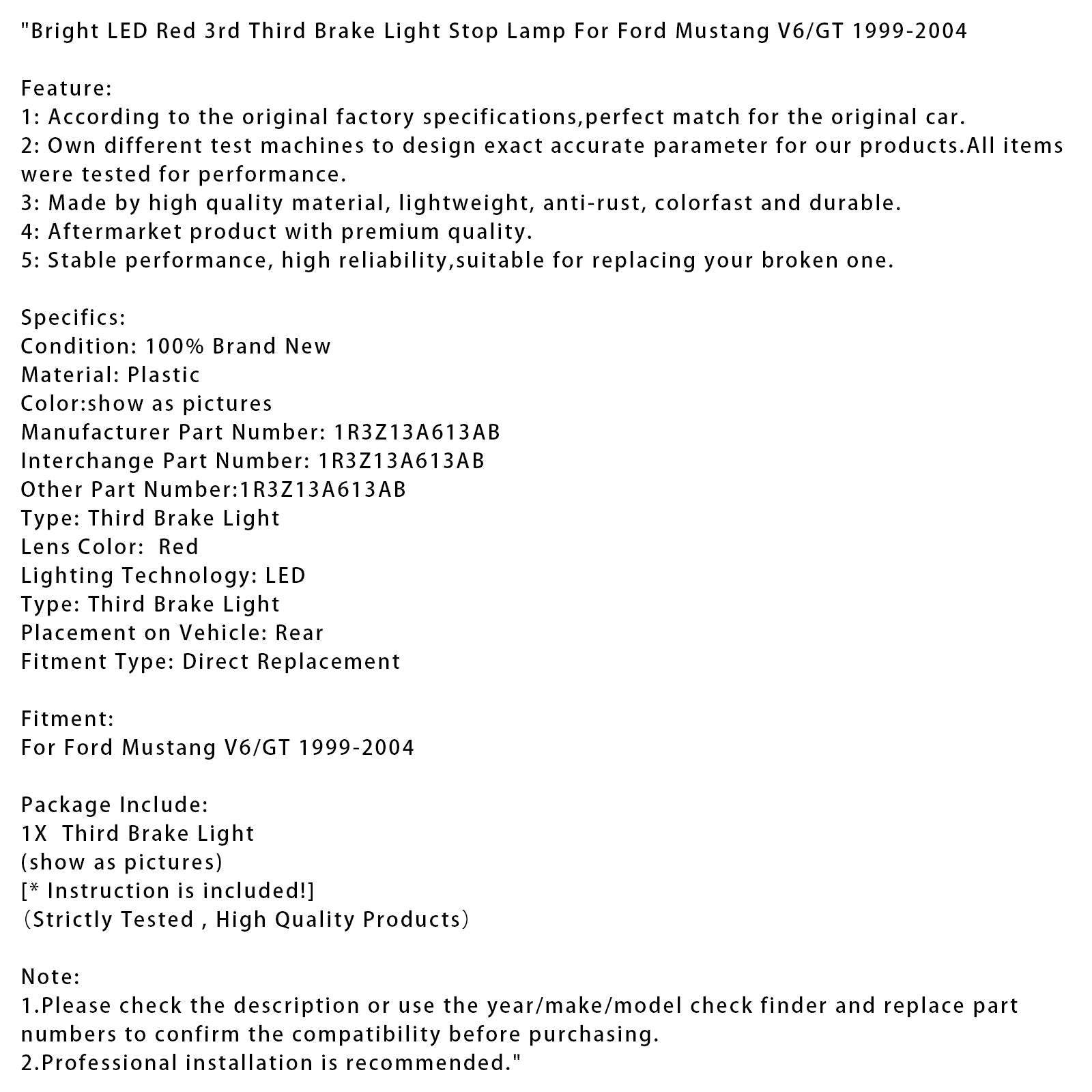 1999-2004 Ford Mustang V6/GT Bright LED Red 3rd Third Brake Light Stop Lamp