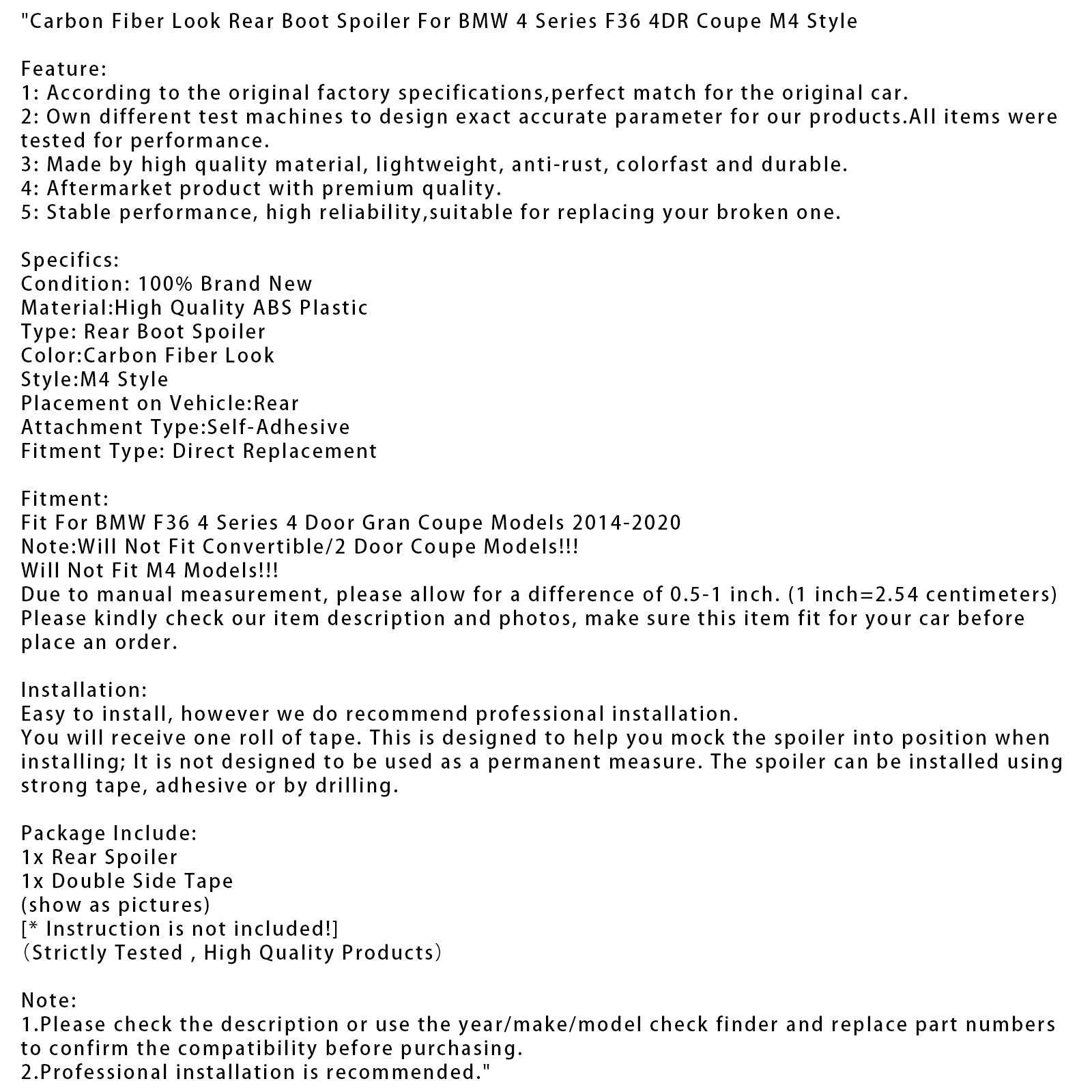 Carbon Fiber Look Rear Boot Spoiler For BMW 4 Series F36 4DR Coupe M4 Style