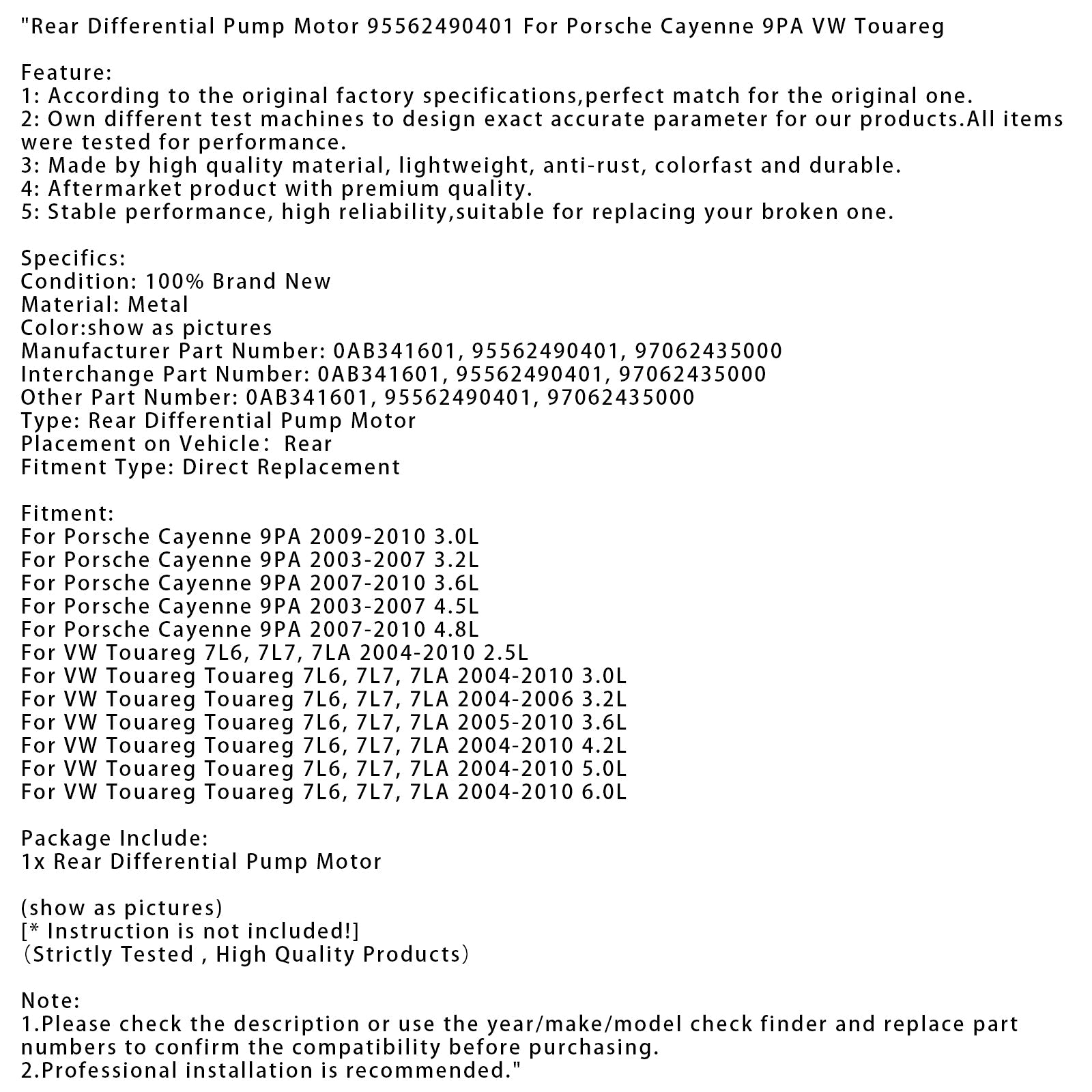 2004-2010 VW Touareg Touareg 7L6, 7L7, 7LA 5.0L Rear Differential Pump Motor 95562490401