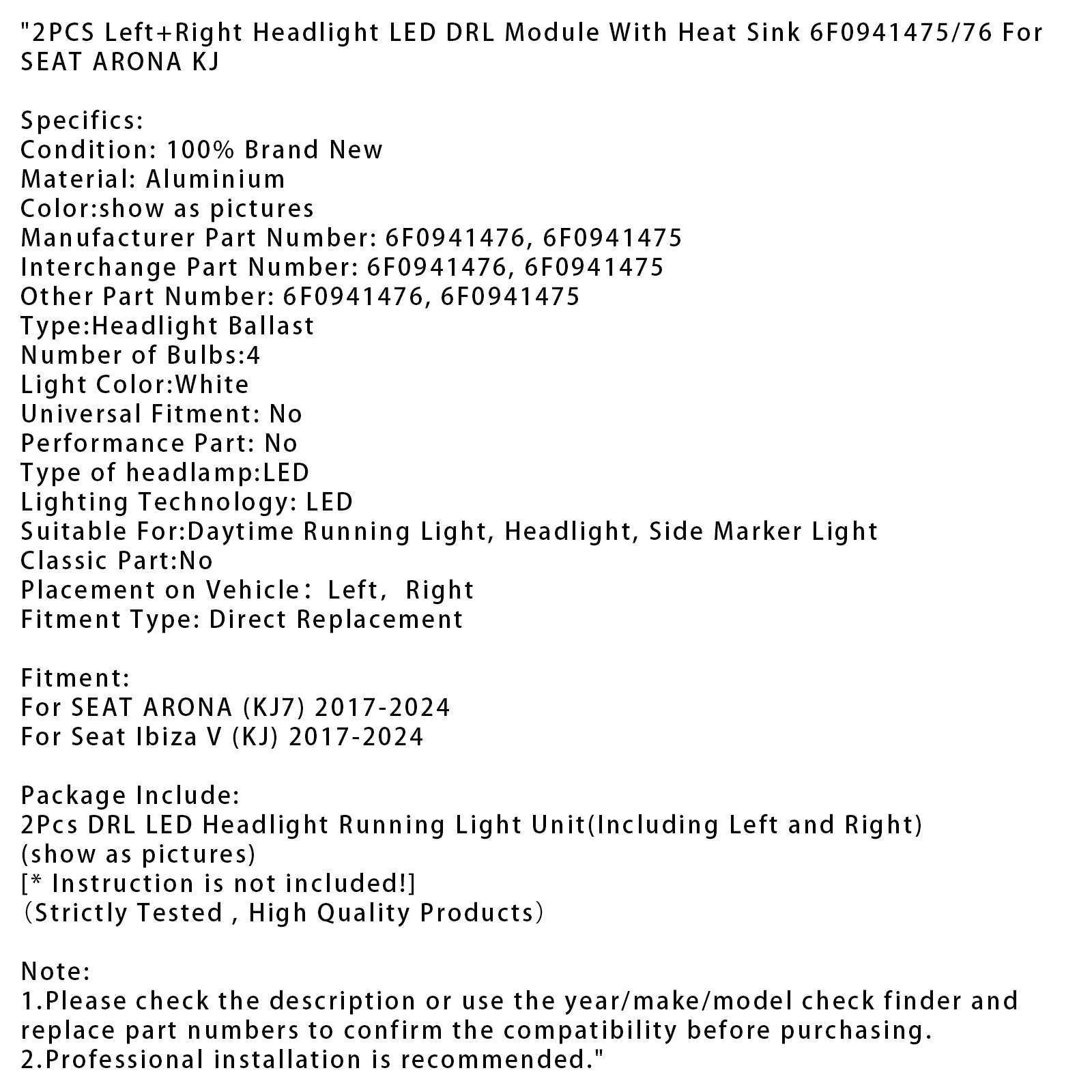 2PCS Left+Right Headlight LED DRL Module With Heat Sink 6F0941475/76 For SEAT