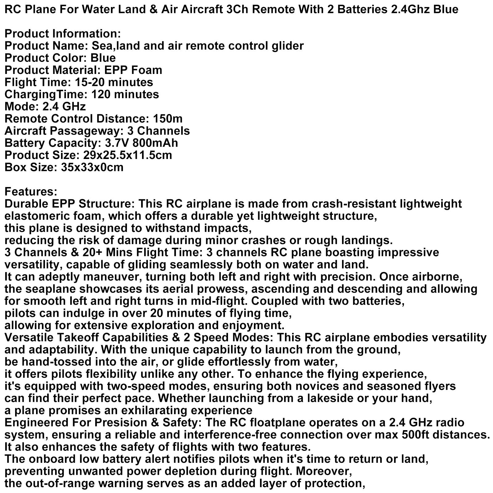 RC Plane For Water Land & Air Aircraft 3Ch Remote With 2 Batteries 2.4Ghz Blue