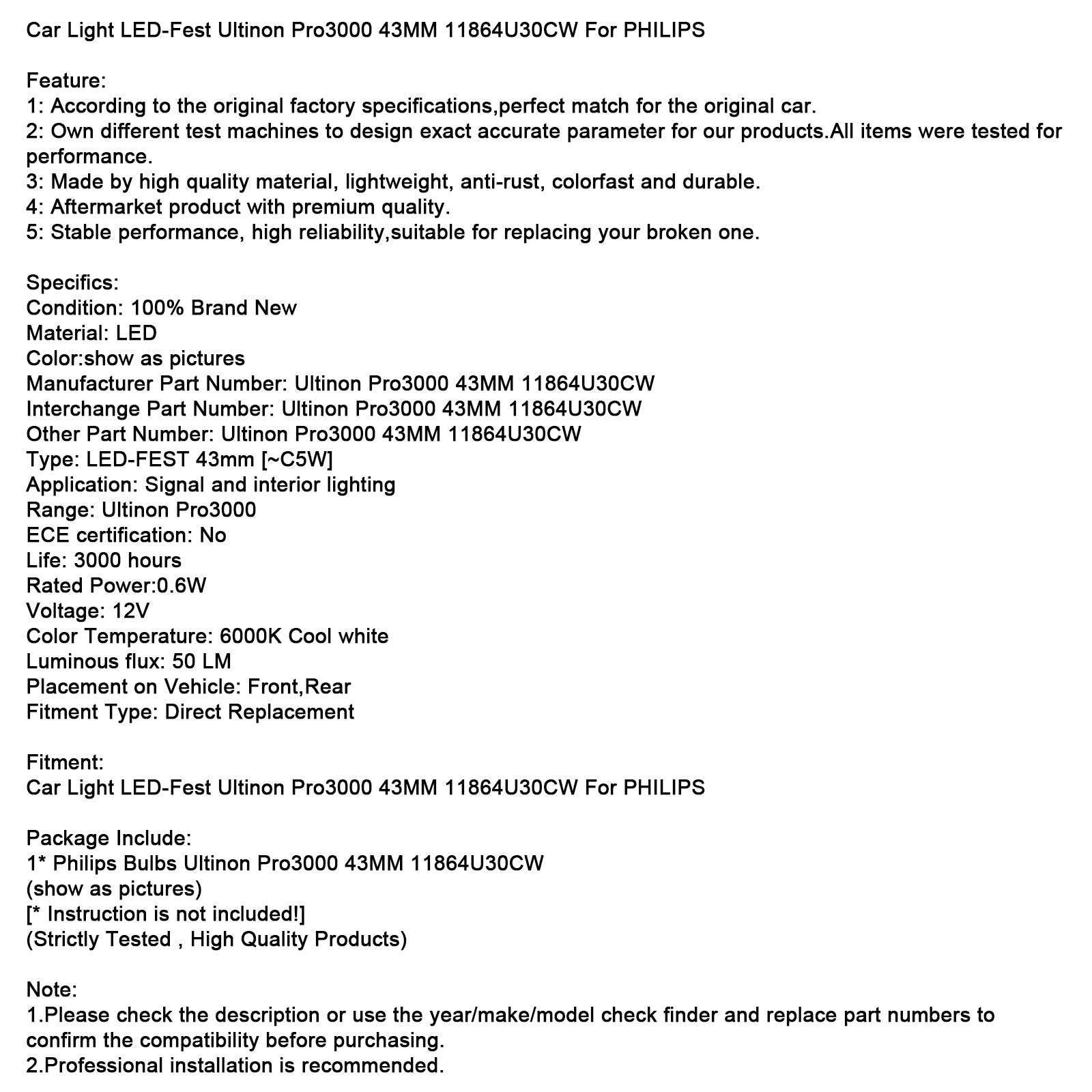 Car Light LED-Fest Ultinon Pro3000 43MM 11864U30CW For PHILIPS