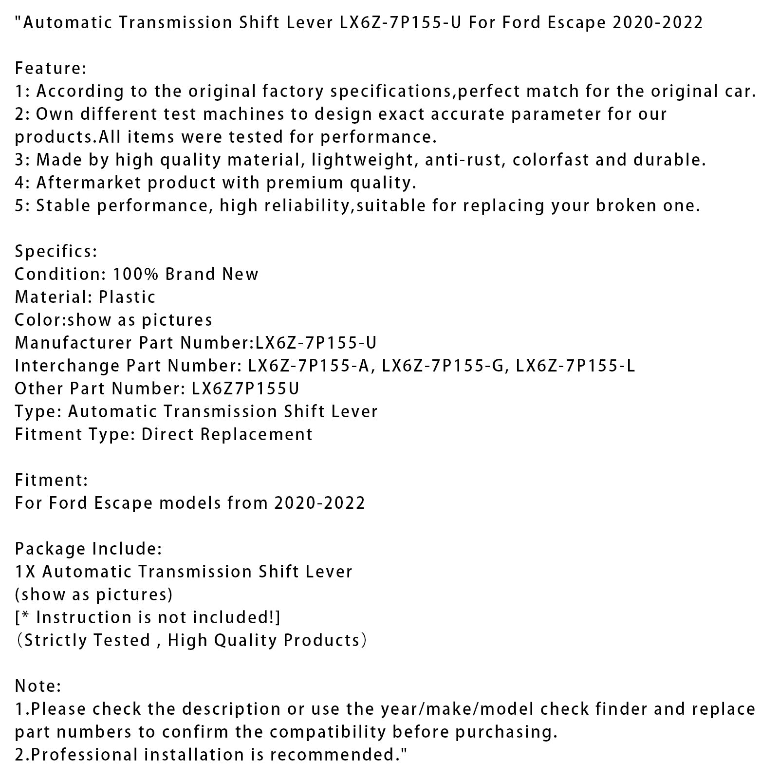 2020-2022 Ford Escape Automatic Transmission Shift Lever LX6Z-7P155-U LX6Z-7P155-A