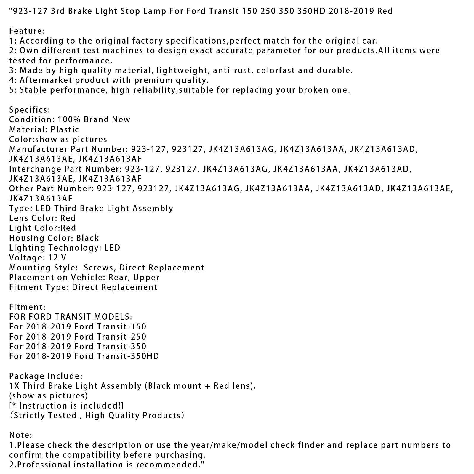 923-127 3rd Brake Light Stop Lamp For Ford Transit 150 250 350 350HD 18-2019 Red