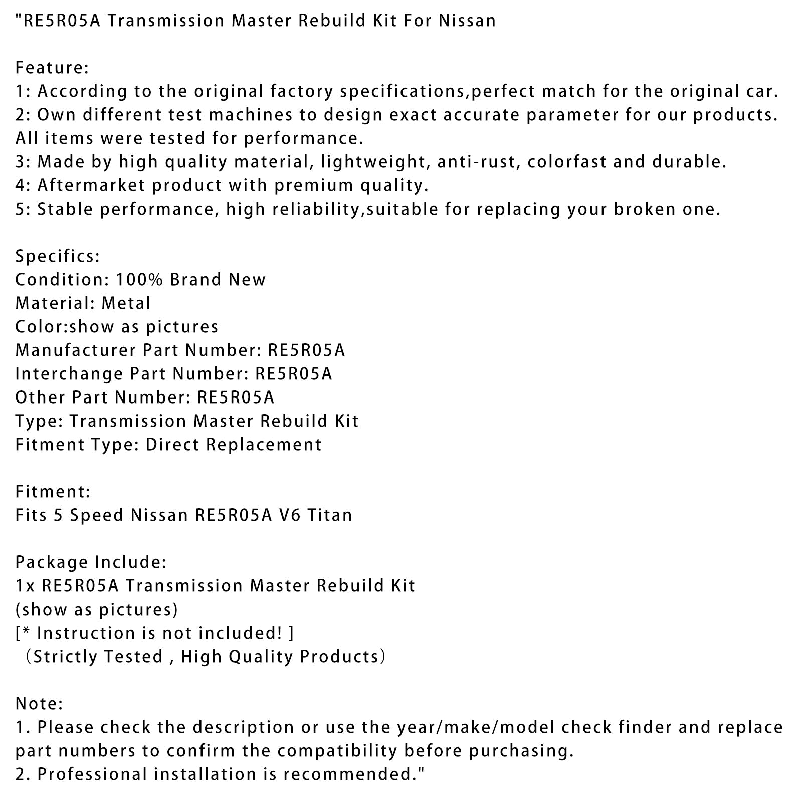 5 Speed Nissan RE5R05A V6 Titan RE5R05A Transmission Master Rebuild Kit