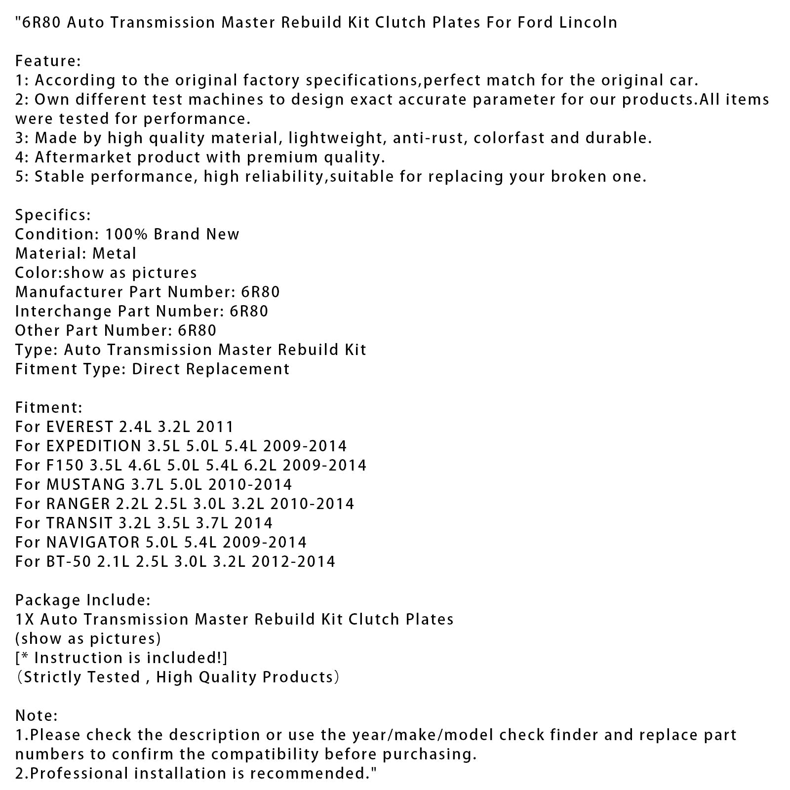 2011 EVEREST 2.4L 3.2L 6R80 Auto Transmission Master Rebuild Kit Clutch Plates