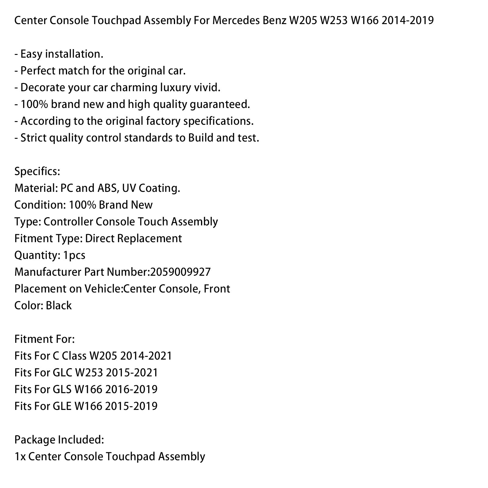 2015-2021 Mercedes Benz GLC W253 Center Console Touchpad Assembly 2059009927
