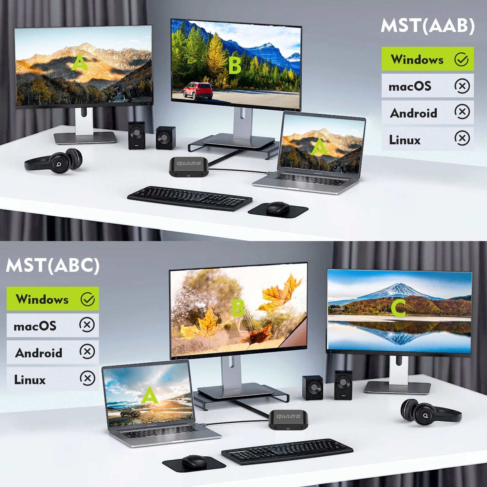 Type-C to HDMI+DP 1x2Laptop Splitter MST Two-Screen Display One Input Two Output