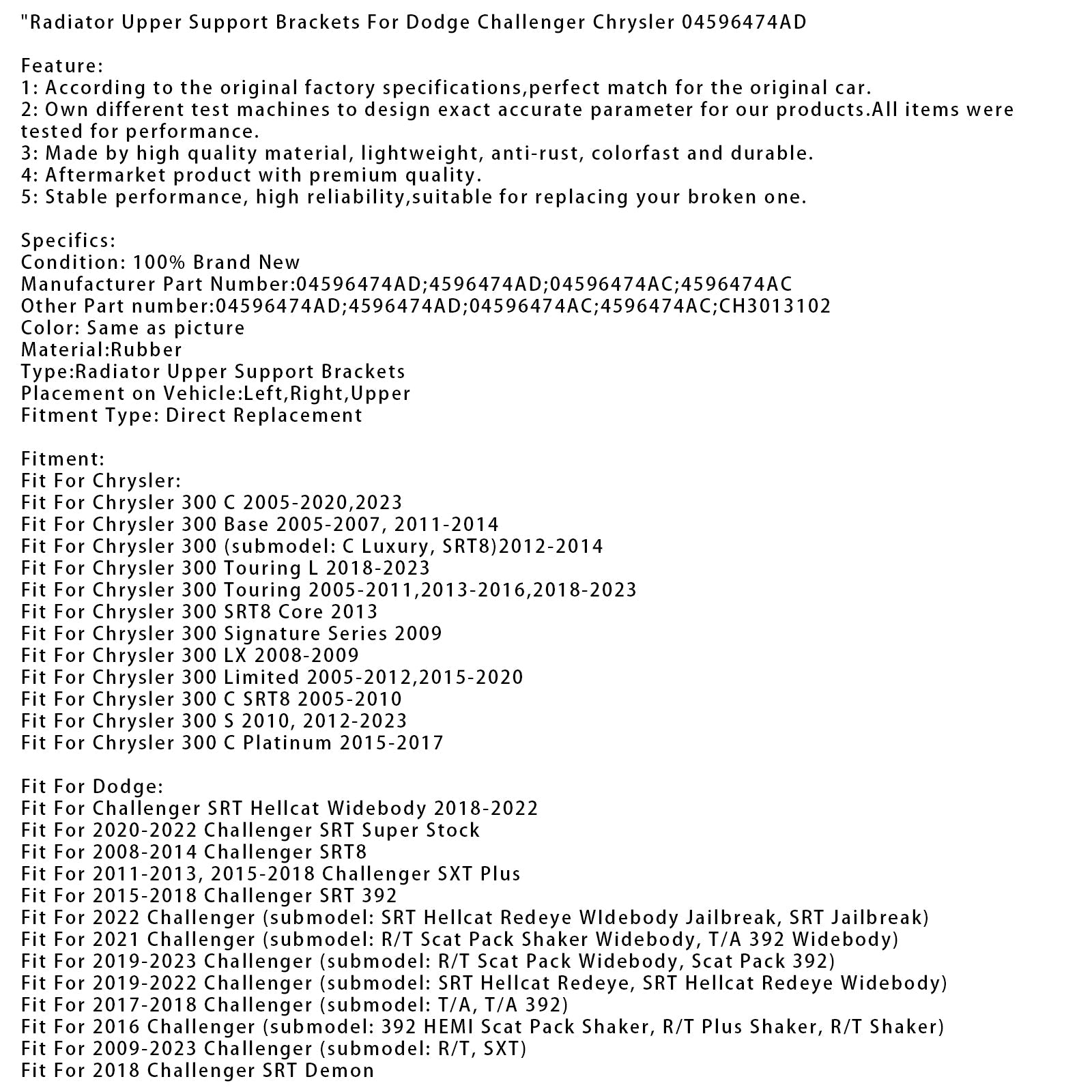 Radiator Upper Support Brackets For Dodge Challenger Chrysler 04596474AD