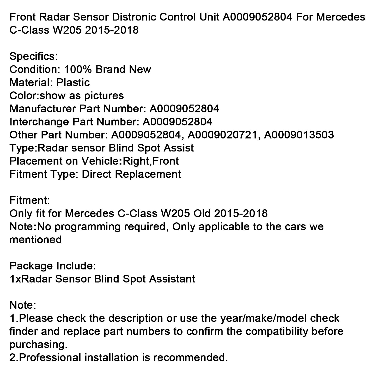 2015-2018 Mercedes C-Class W205 Old Front Radar Sensor Control Unit A0009052804 A0009020721
