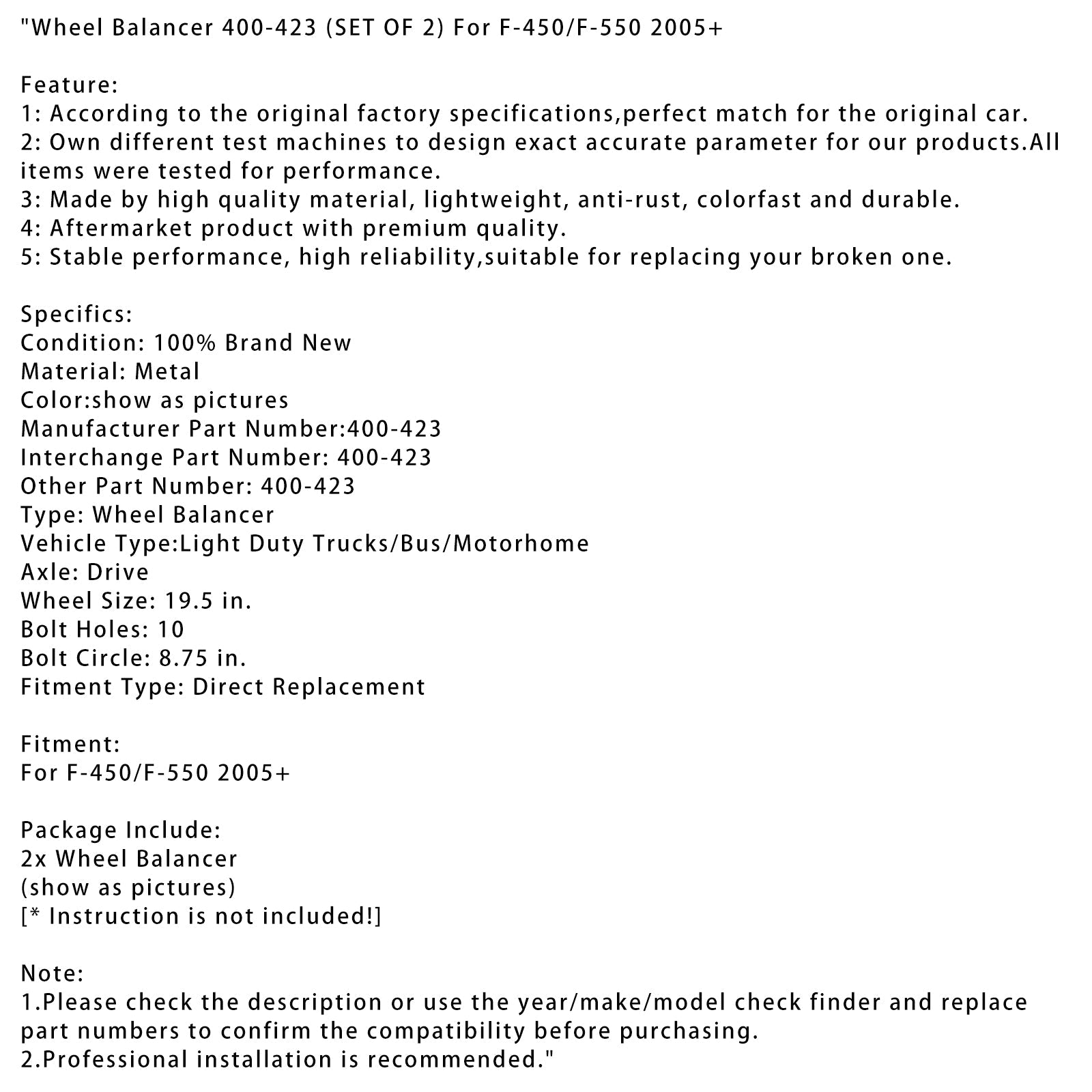 Wheel Balancer 400-423 (SET OF 2) For F-450/F-550 2005+