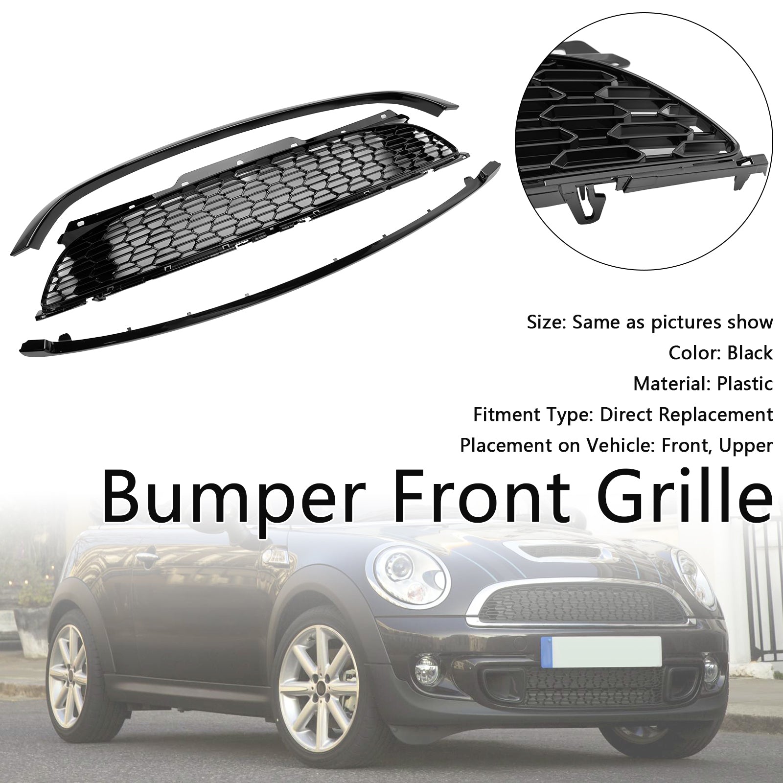 3PCS Gloss Black Front Grill Grille Fit Mini R55 R56 R57 R58 R59 Cooper S & JCW