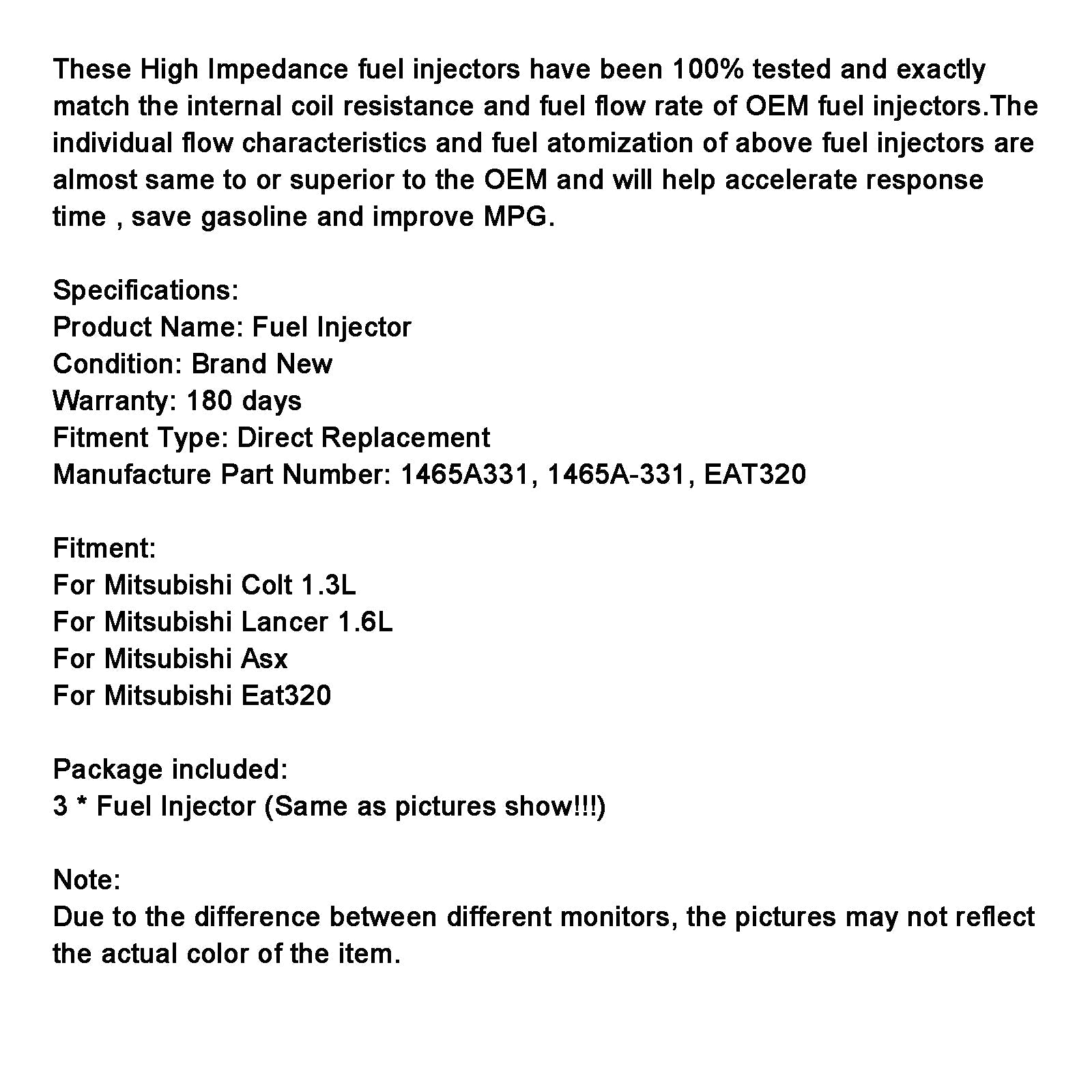 3PCS Fuel injector EAT320 Fit Mitsubishi Colt 1.3L Lancer 1.6L ASX 1465A331