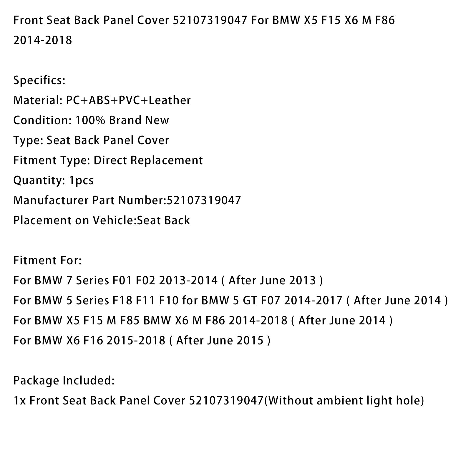 Front Seat Back Panel Cover 52107319047 For BMW X5 F15 X6 M F86 2014-2018