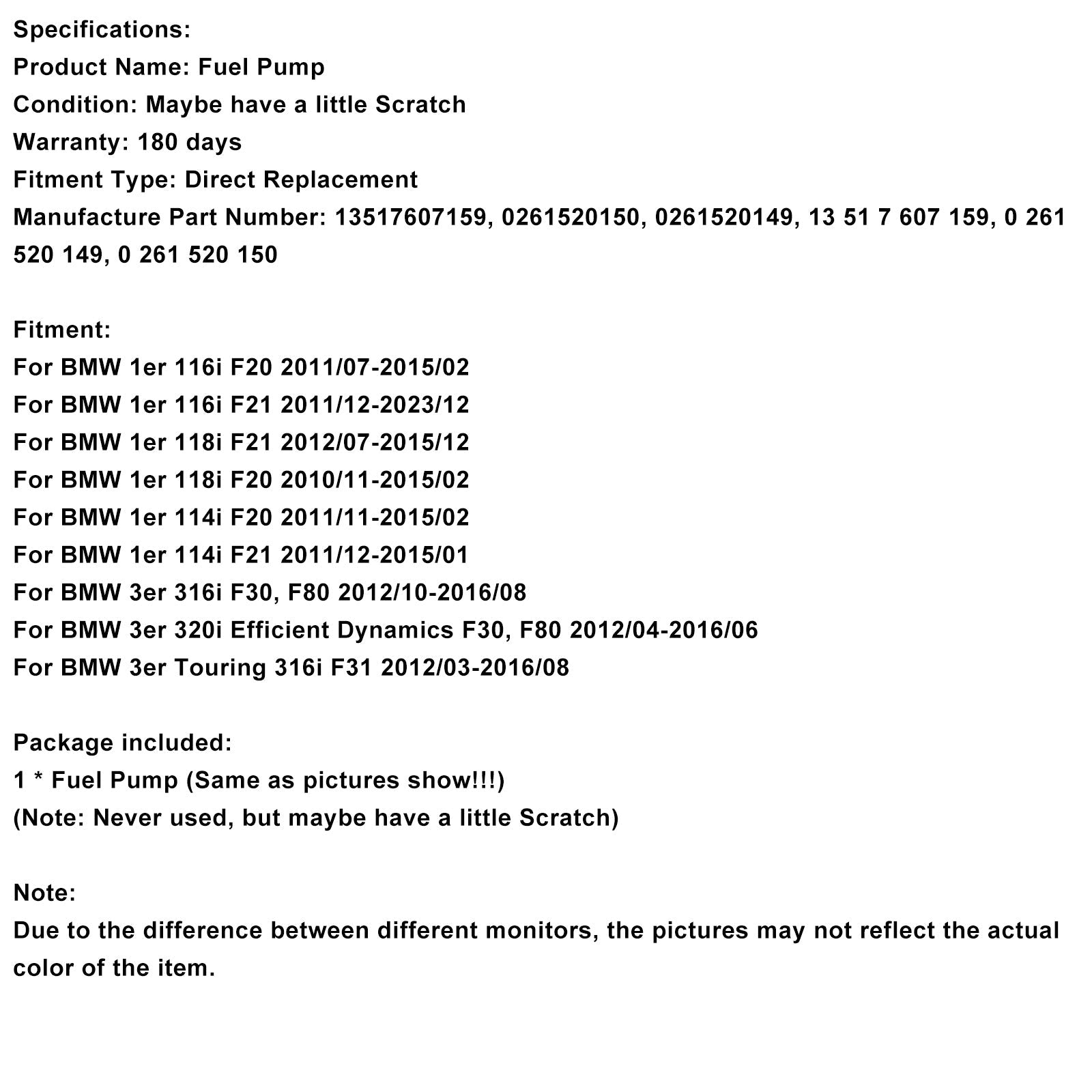 2010/11-2015/02 BMW 1er 118i F20 High Pressure Fuel Pump 13517607159 0261520150 0261520149